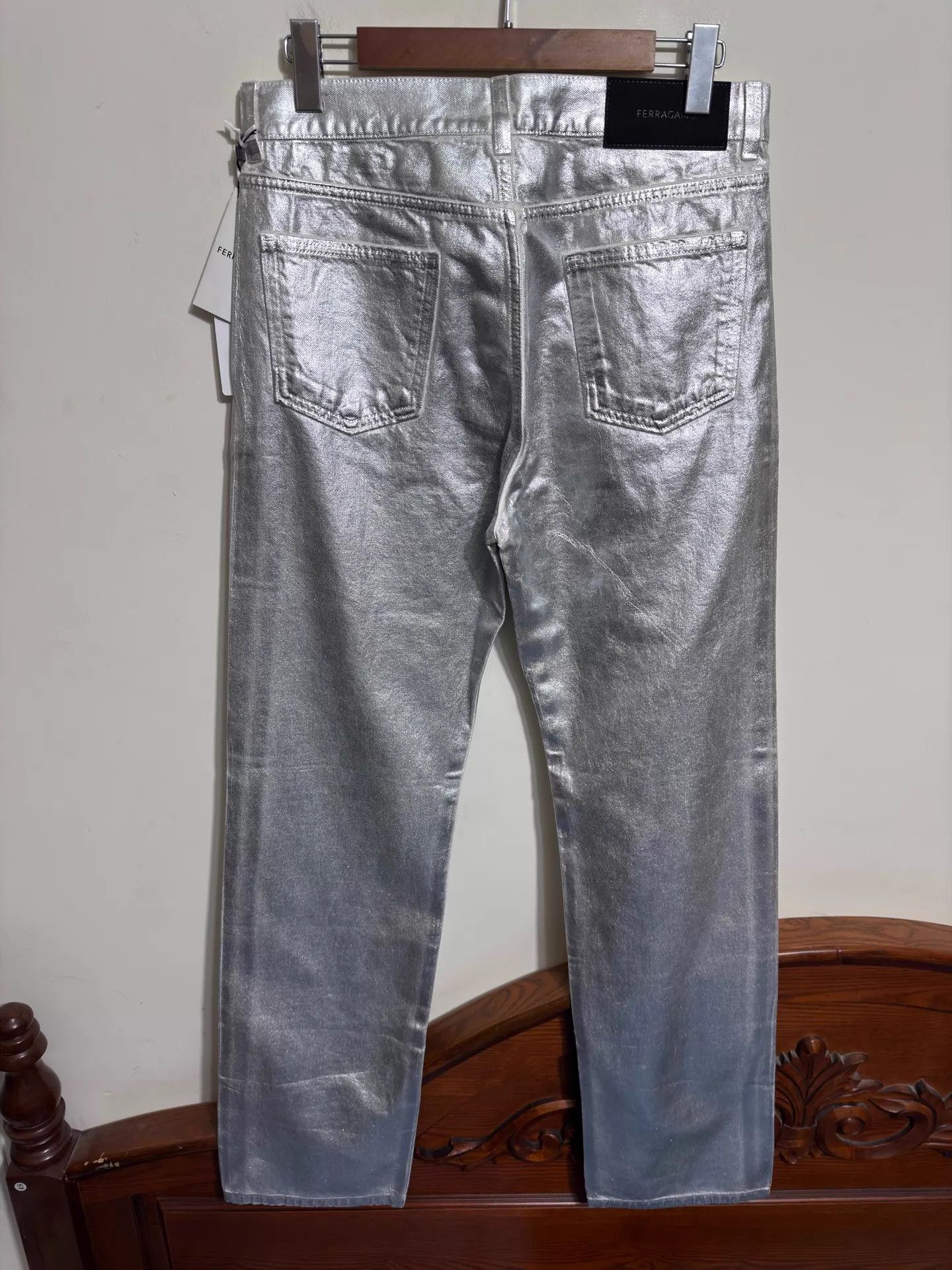 Salvatore Ferragamo SF Coated Silver High-Waist Straight Leg Jeans 48-50 Size US 32 / EU 48 - 2 Thumbnail