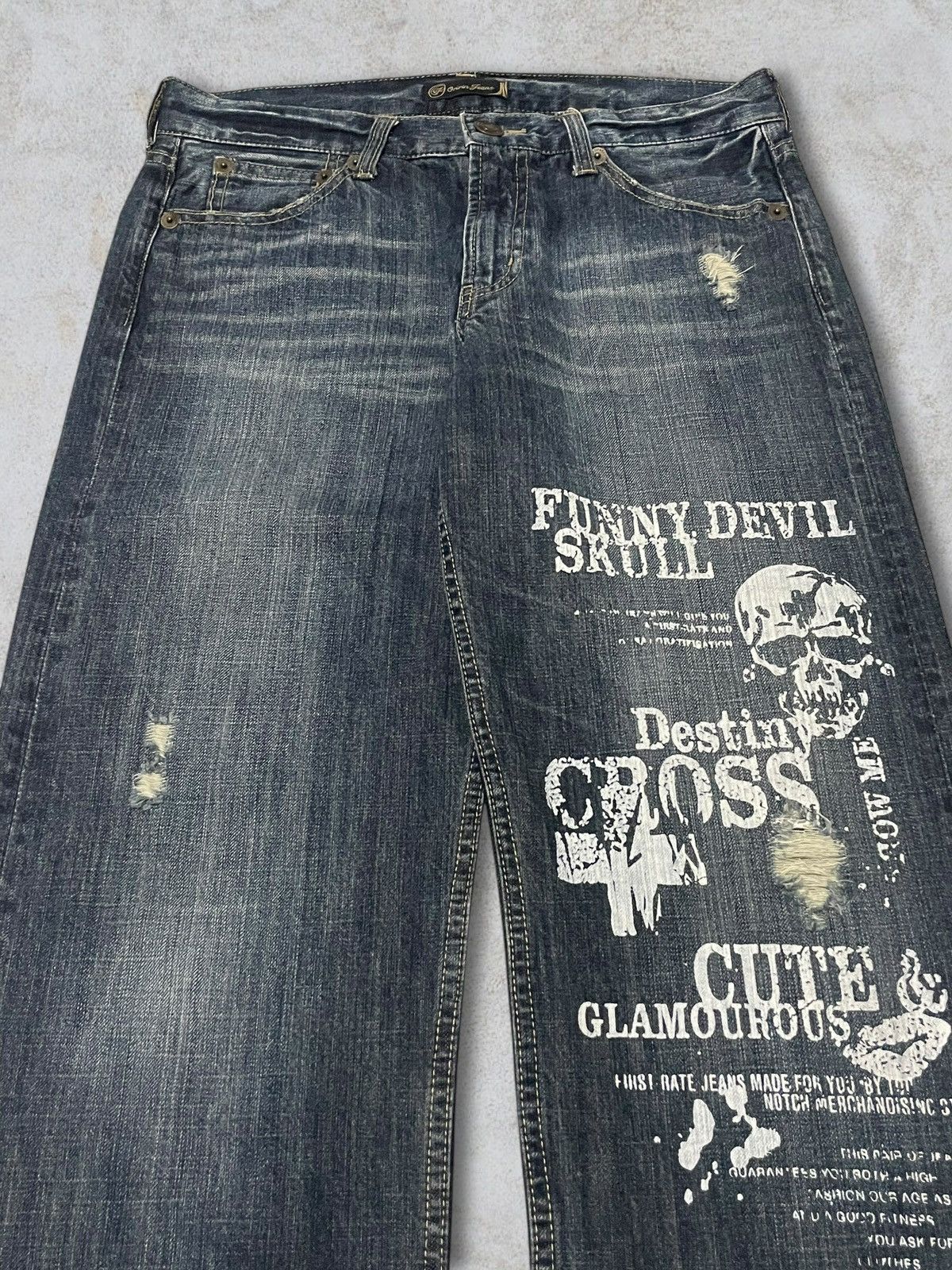 Skull Jeans by an Alchemist Vintage Japanese Skull Cross Printed Distressed Washed Jeans Size US 32 / EU 48 - 2 Thumbnail