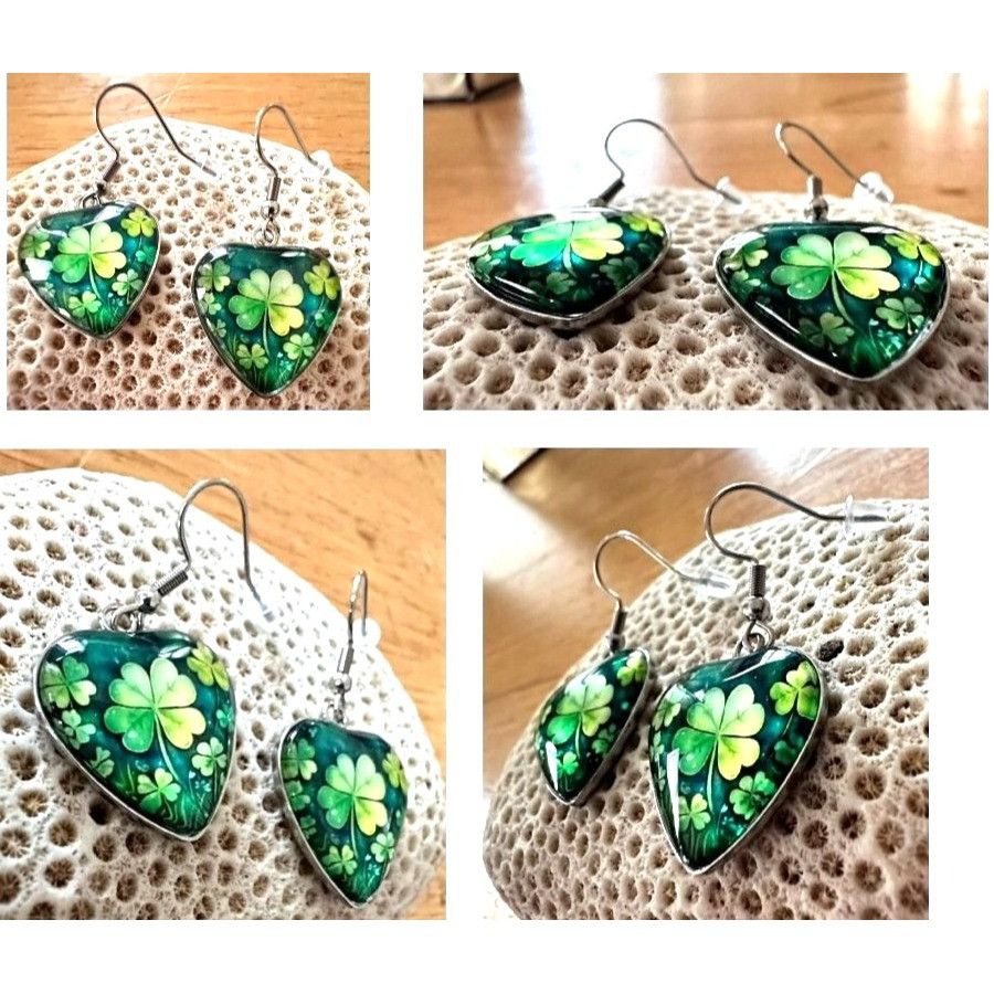 Handmade Shamrock Earrings St Patricks Day Clover Heart Shaped Dangle Size ONE SIZE - 7 Thumbnail