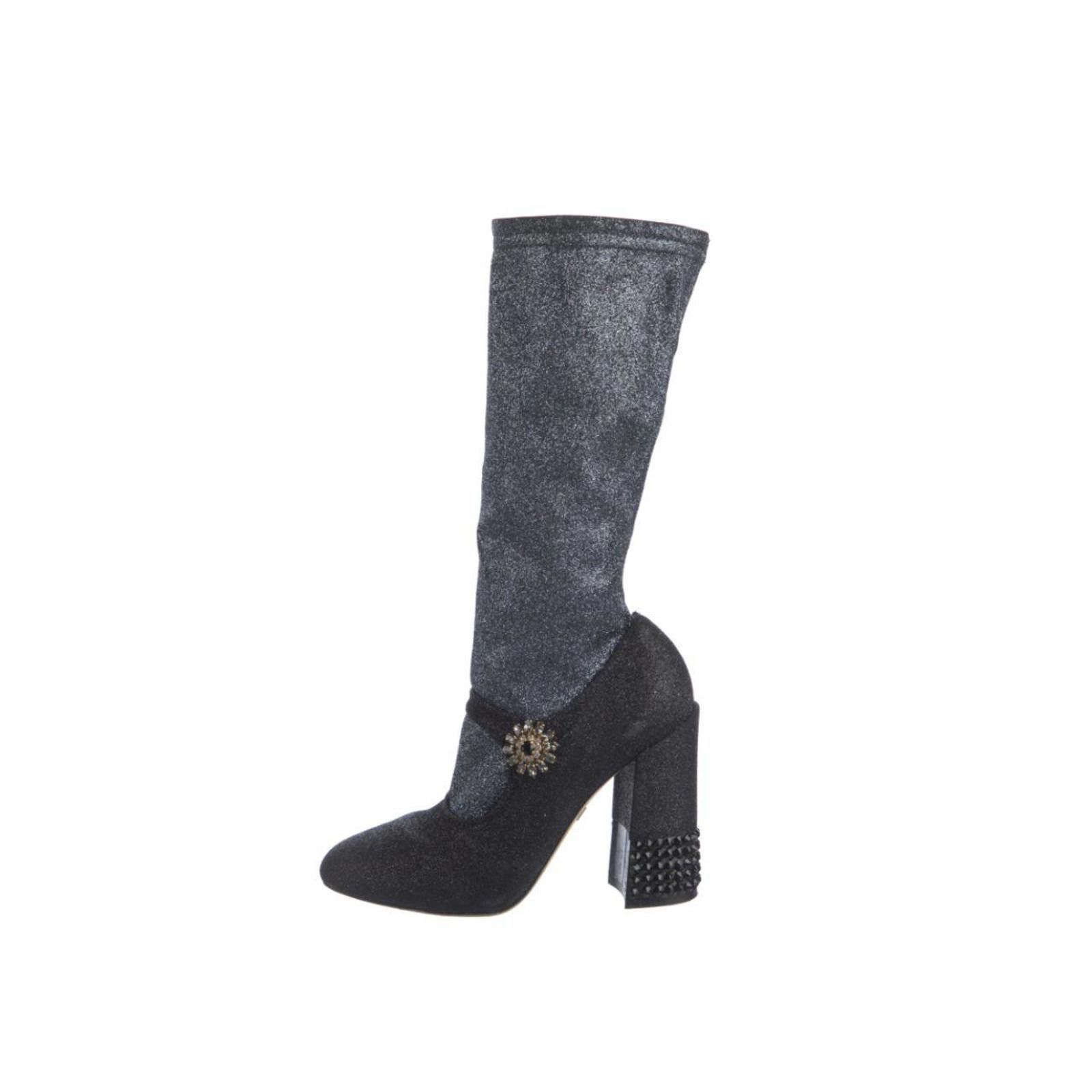 Dolce & Gabbana Dolce & Gabbana Black Crystal Mary-Jane Knee-High Boots Size US 6.5 / IT 36.5 - 1 Thumbnail