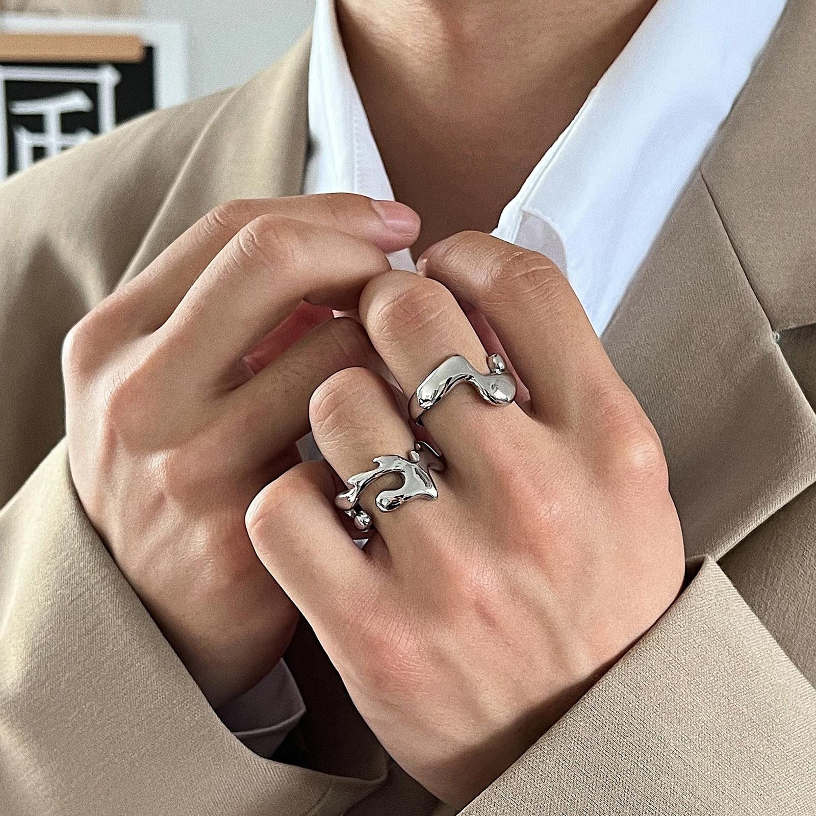 Jewelry Liquid Lava Irregular Ring Set  Minimalist Style in Silver, Men's