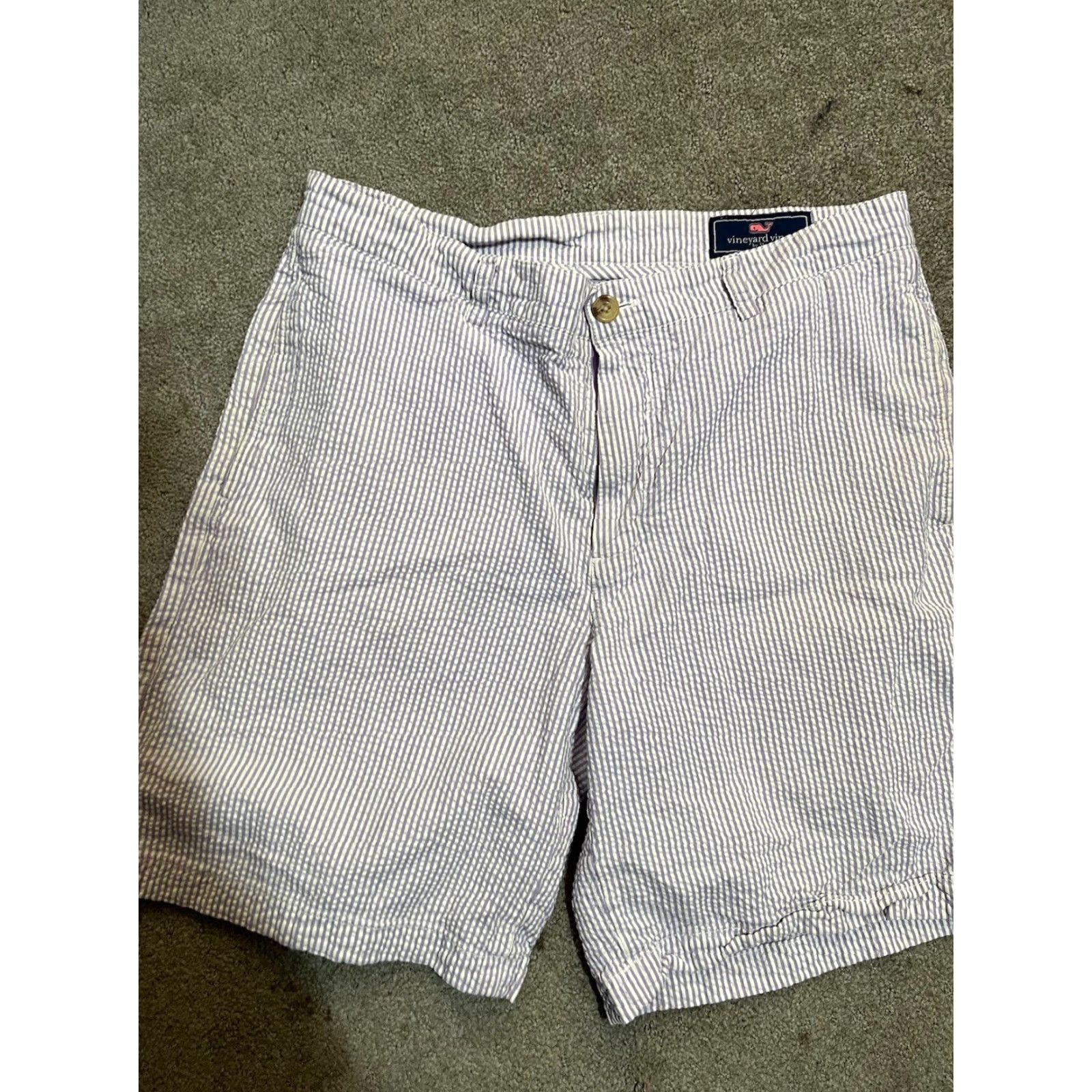 Vineyard Vines Vineyard Vines Mens Shorts 33 Lavender White Seersucker Flat Front Classic Chino Casual Vintage 90s Logo Mens Size US 33 - 2 Thumbnail