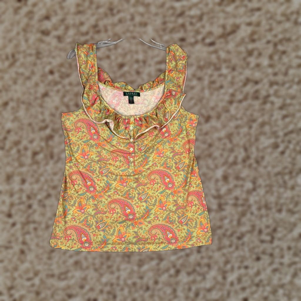 Ralph Lauren Lauren Ralph Lauren Shirt Women XL Green Paisley Henley Ruffle Tank Size XL / US 12-14 / IT 48-50 - 1 Thumbnail