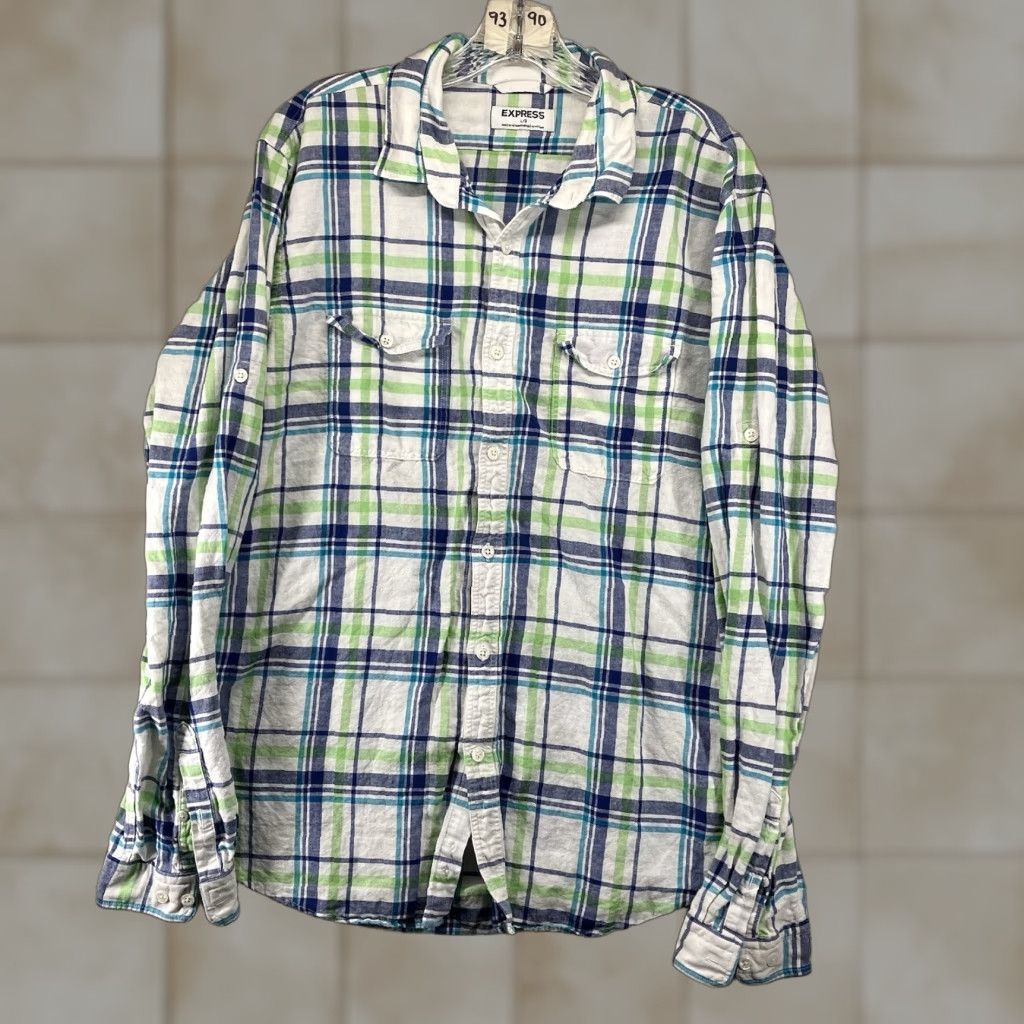 Express Express Linen Shirt Mens Plaid Button-Up Colorful Breathable Casual Workwear Shirt L Size US L / EU 52-54 / 3 - 1 Thumbnail