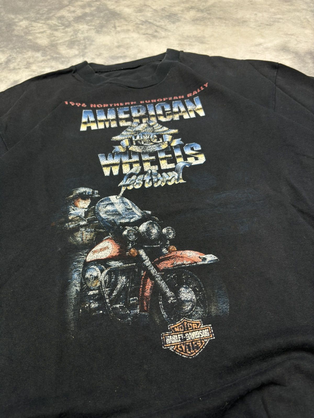 Harley Davidson × Vintage Vintage Harley Davidson American Wheels 1996 Festival Tshirt Size US L / EU 52-54 / 3 - 3 Thumbnail