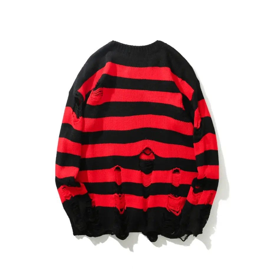 Japanese Brand × Vintage Sweater retro style loose pullover stripes torn holes fringe Size US L / EU 52-54 / 3 - 11 Thumbnail