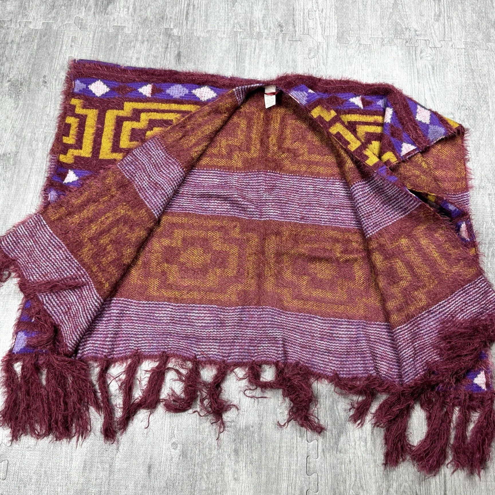 Free People FREE PEOPLE Boho Geometric Kimono Poncho Sweater One Size Purple Yellow Womens Size ONE SIZE - 5 Thumbnail