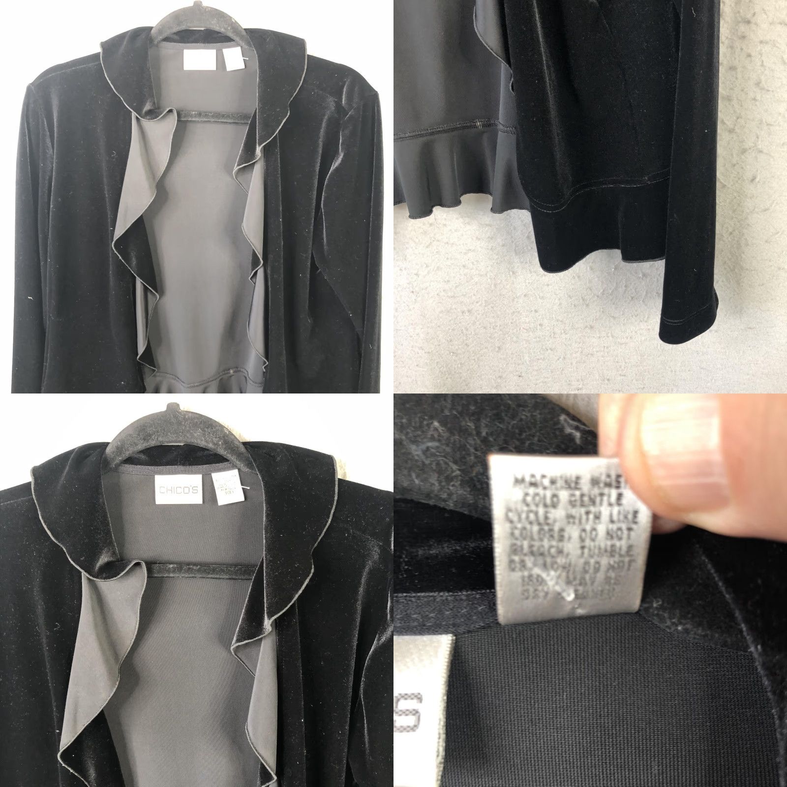 Vintage Chico's Jacket Womens Black Velvet Open Front Party Cocktail Holiday Ruffle Long Sleeve Short Hem Size 1 Size XS / US 0-2 / IT 36-38 - 8 Thumbnail