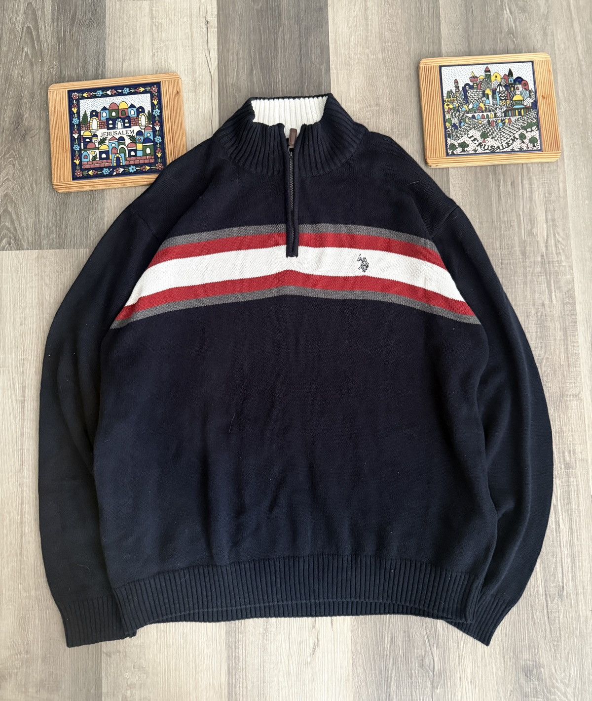 U.S. Polo Assn. × Vintage Us Polo Assn Navy Sweater Men 1/4 zip Pullover 90s Mock Neck Size US XXL / EU 58 / 5 - 3 Thumbnail