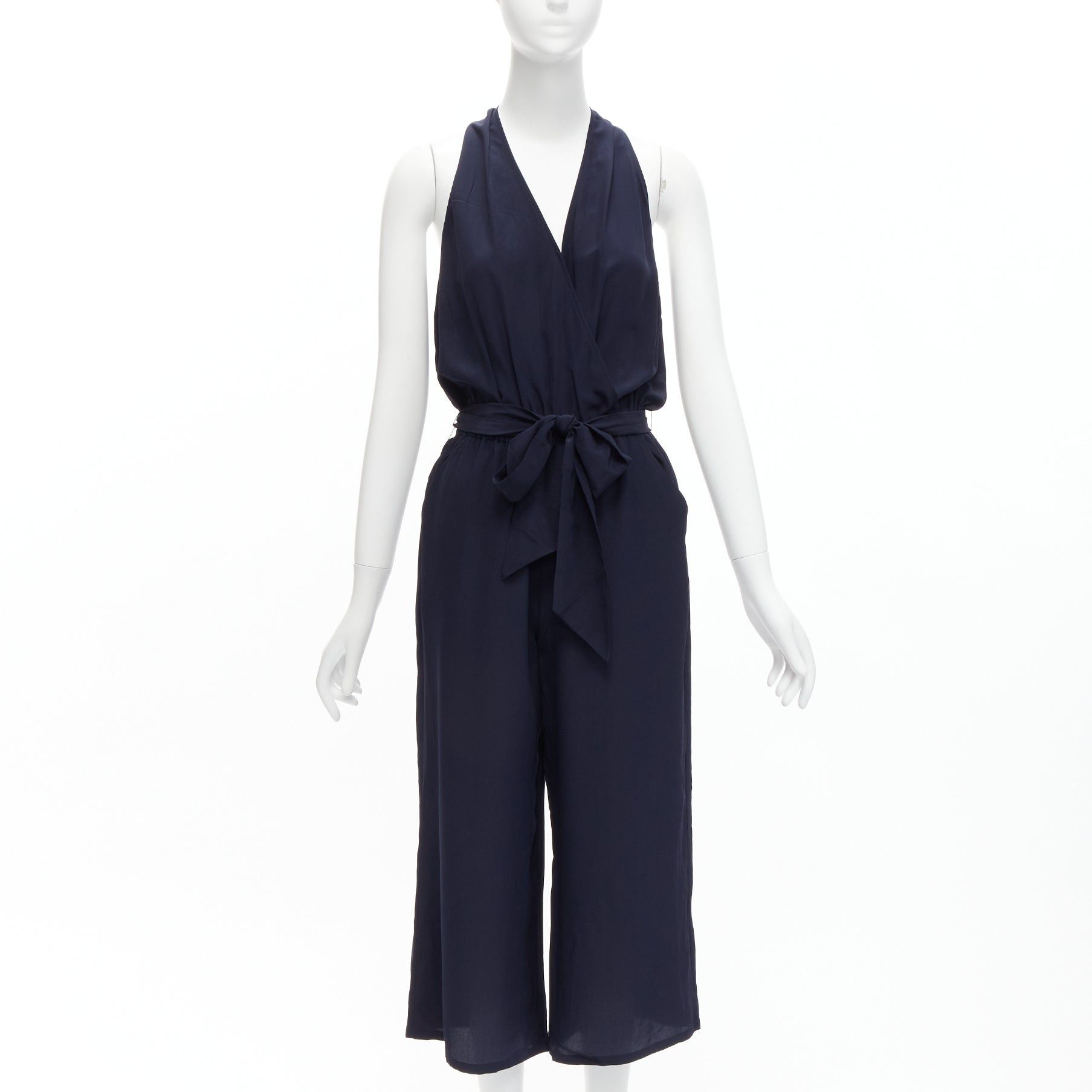 Tory Burch TORY BURCH 100% silk navy V neck wide leg wrap tie wide leg jumpsuit XS Size 26" / US 2 / IT 38 - 1 Thumbnail