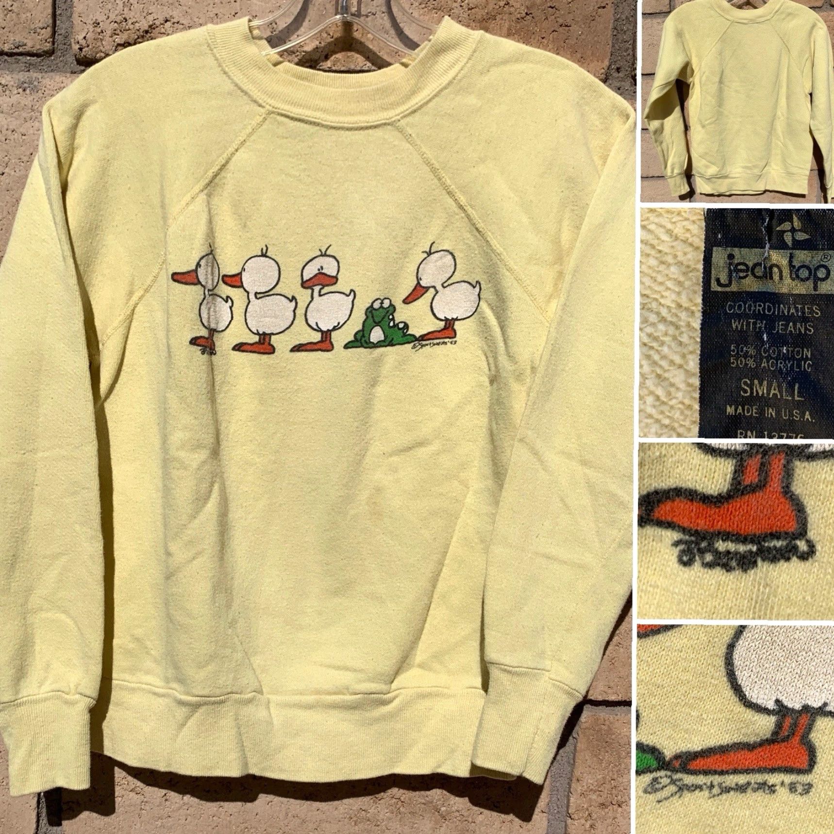 Vintage VINTAGE Jean Top Raglan Sweatshirt Ducks Frog Size S Yellow 80s Women Sweatshirt Pullover Raglan Runs Small Size S / US 4 / IT 40 - 2 Thumbnail