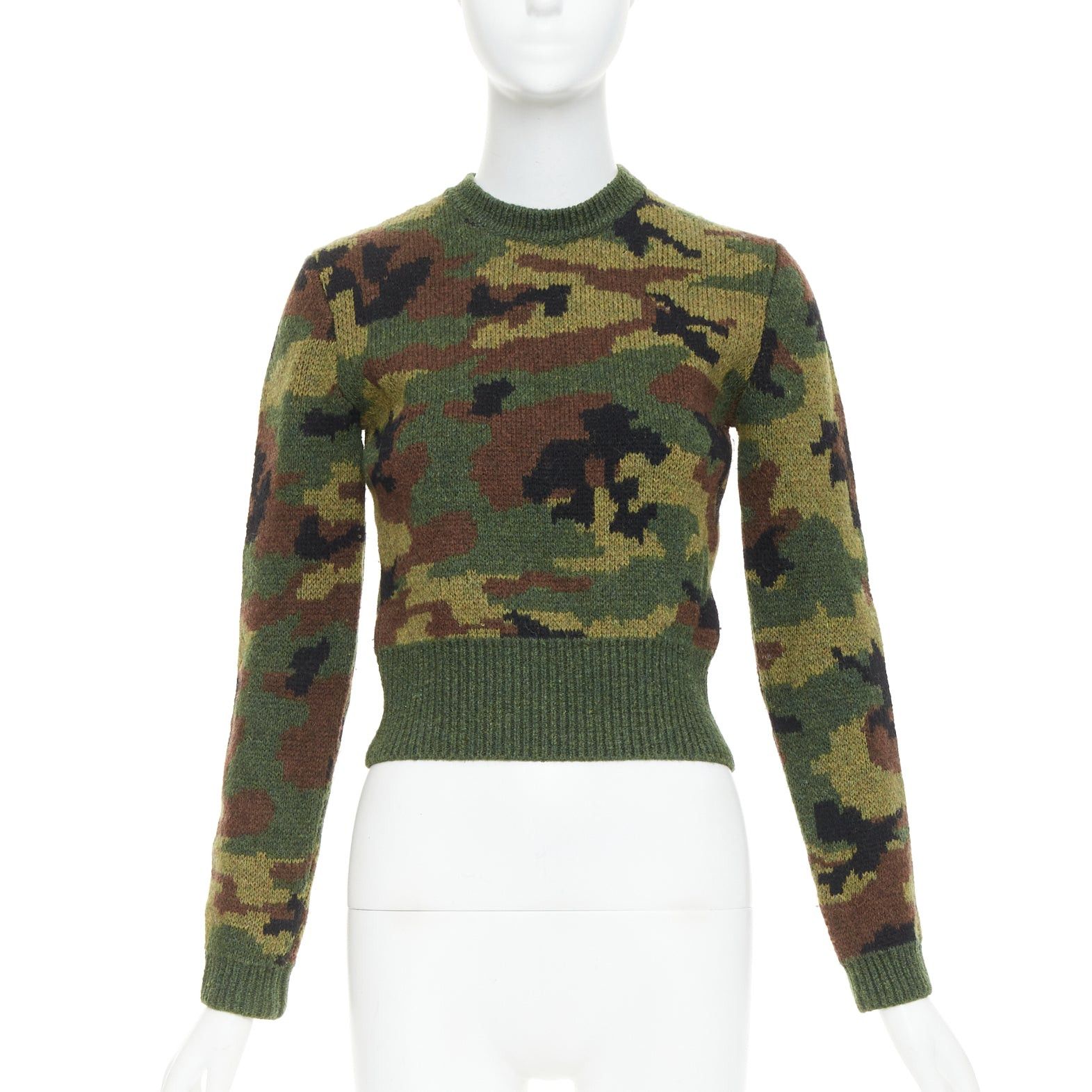 Miu Miu MIU MIU 2019 green brown 100% virgin wool camouflage cropped sweater pullover IT36 XXS Size XS / US 0-2 / IT 36-38 - 1 Thumbnail