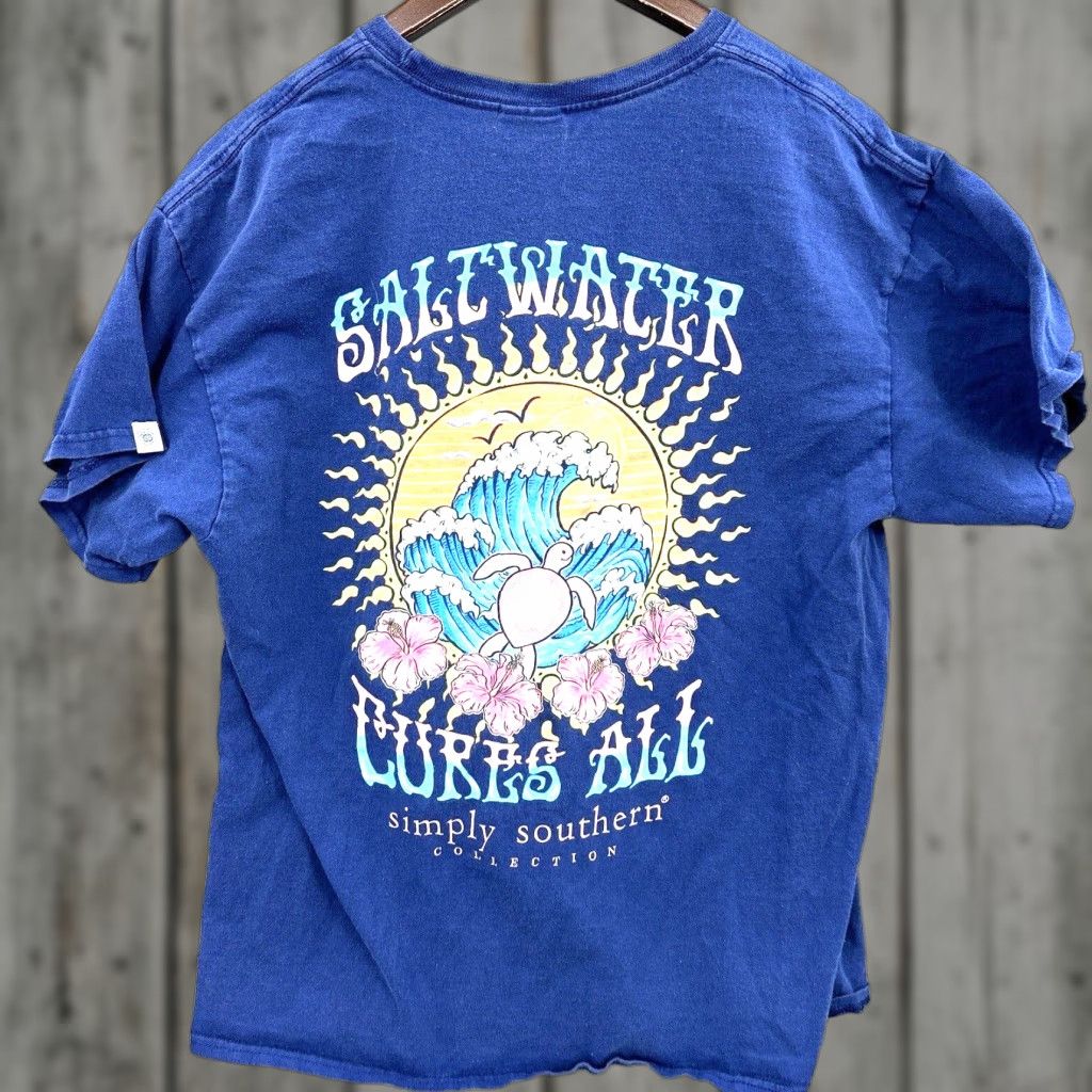 Vintage Simply Southern Salt Water Cures All Shirt Men Large Blue Graphic Sun Surf Beach Shirt Mens L Blue Beach Logo Size US L / EU 52-54 / 3 - 1 Thumbnail