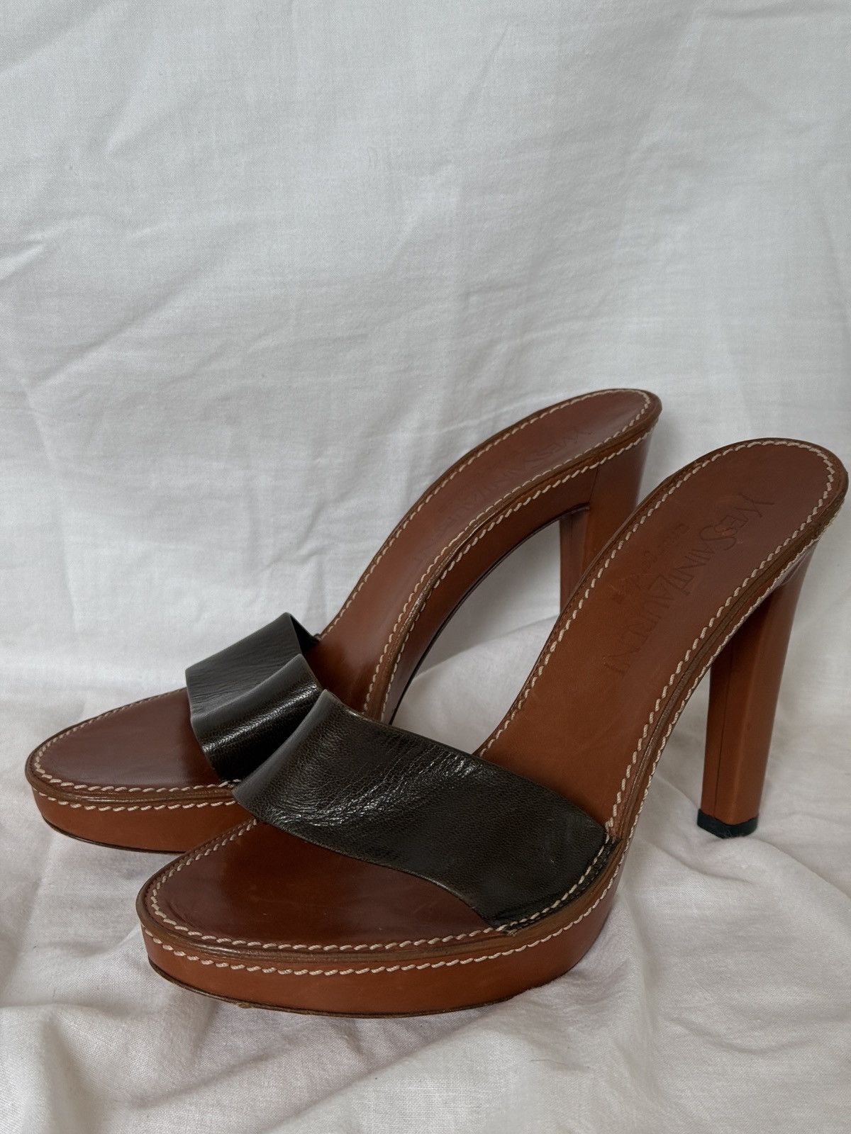 YVES Saint Laurent Rive Gauche Brown Leather Mule Shoess Clogs Shoes, Women's (Size 7)