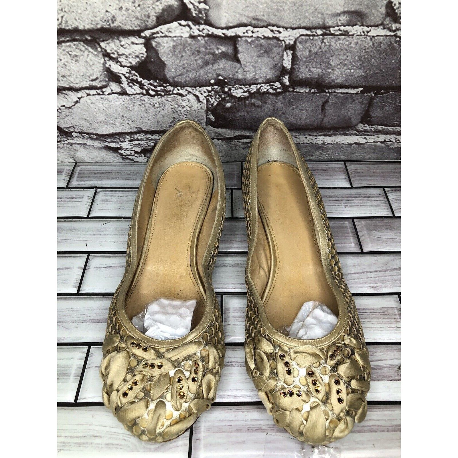 Other Rodo Beige Gold Silk Gem Rhinestone Low Pump Ballet Flats Wo Size US 7.5 / IT 37.5 - 2 Thumbnail