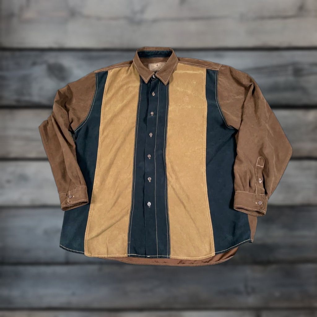 Vintage Retro Suede Faux Rockabilly Style Shirt Adult XL Brown Black Striped Western Size US L / EU 52-54 / 3 - 1 Thumbnail