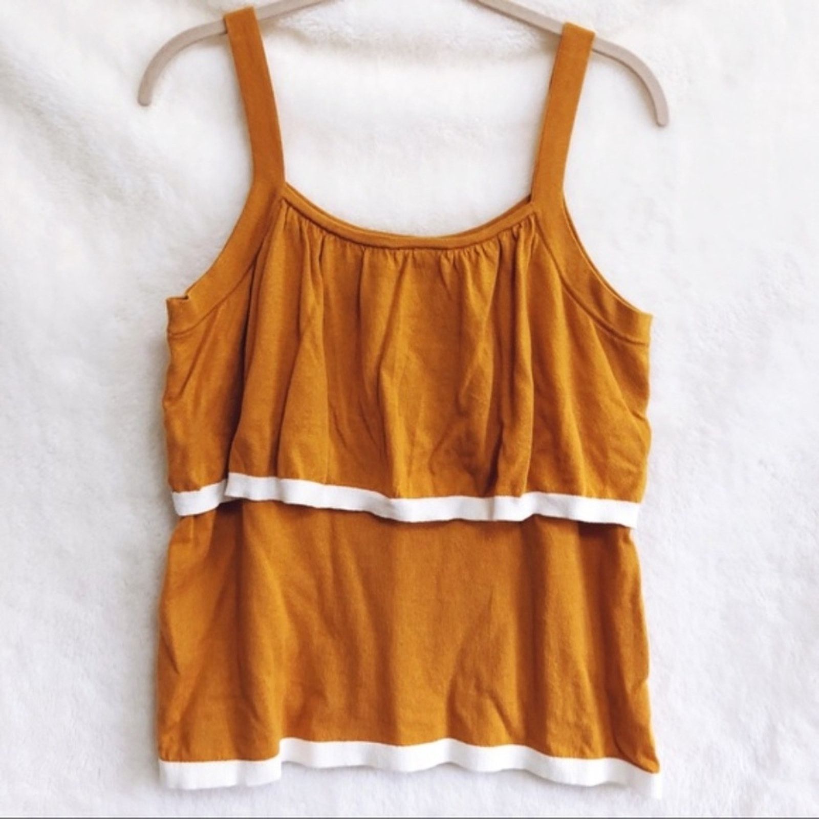 Ann Taylor Ann Taylor Factory Mustard & White Trim Layered Tank Top Size L / US 10 / IT 46 - 1 Thumbnail