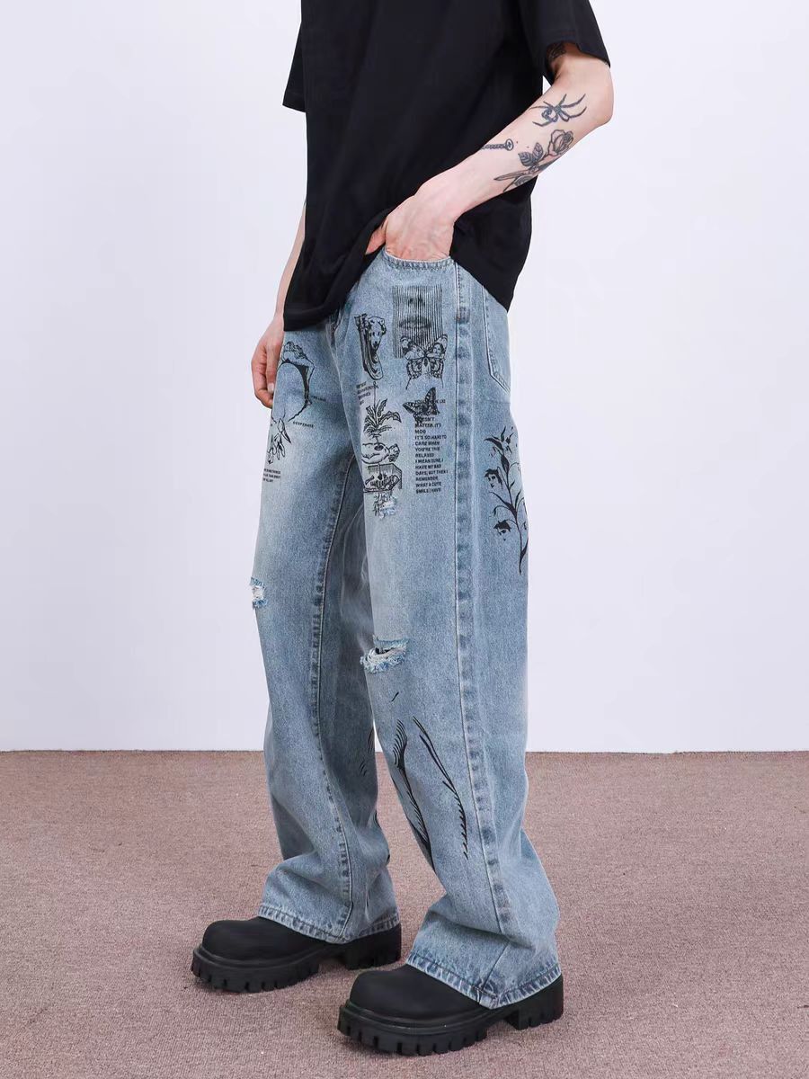 Japanese Brand × Jean Vintage graffiti-print ripped baggy jeans Size US 34 / EU 50 - 5 Thumbnail