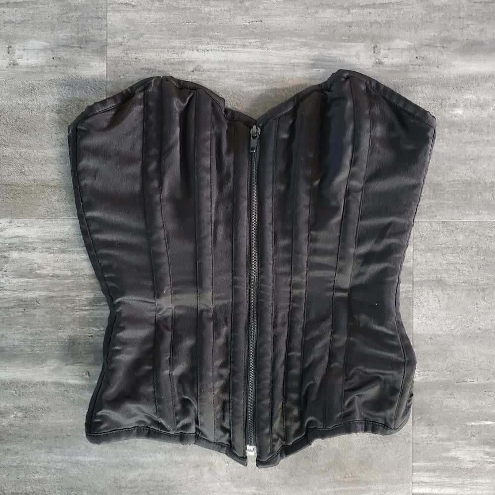 Designer Black Satin CC Double Steel Boned Corset Size ONE SIZE - 1 Thumbnail