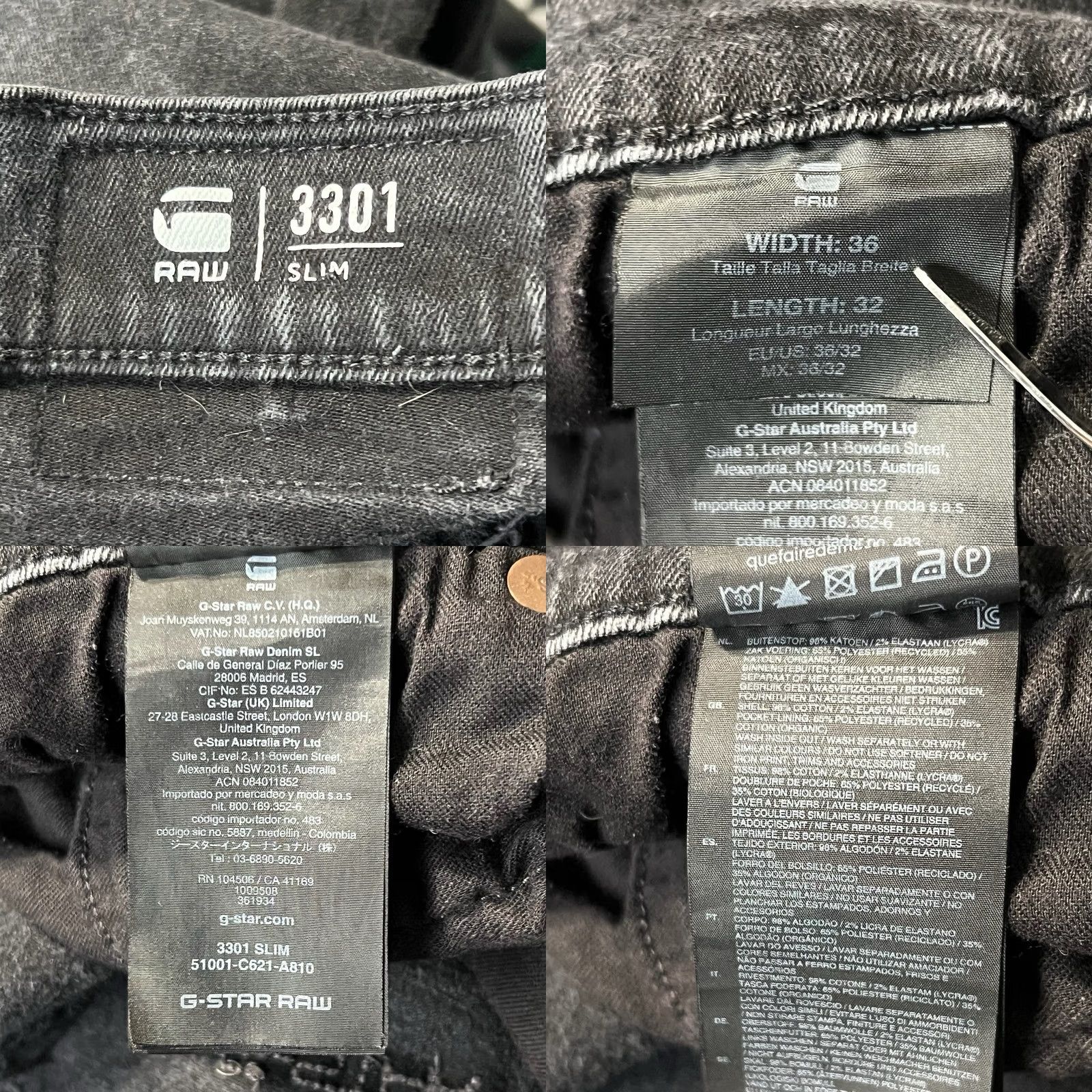 G-Star G Star Raw Jeans Mens 36x32 Black 3301 Slim Stretch Button Fly Denim D3 Size US 36 / EU 52 - 9 Thumbnail