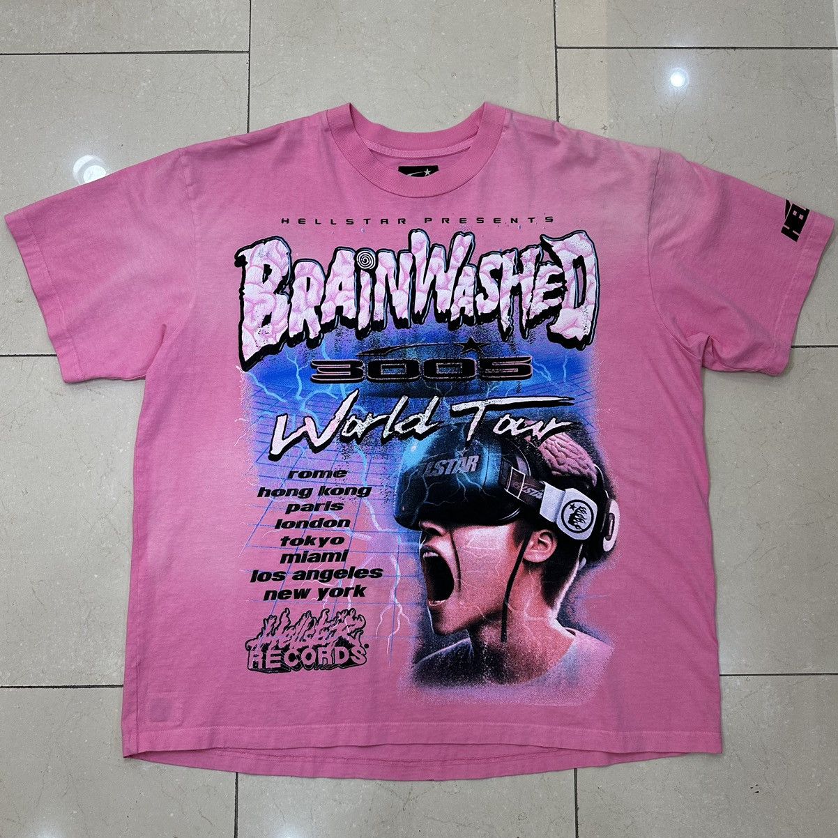 image of Hellstar Brainwashed World Tour T-Shirt in Pink, Men's (Size 2XL)