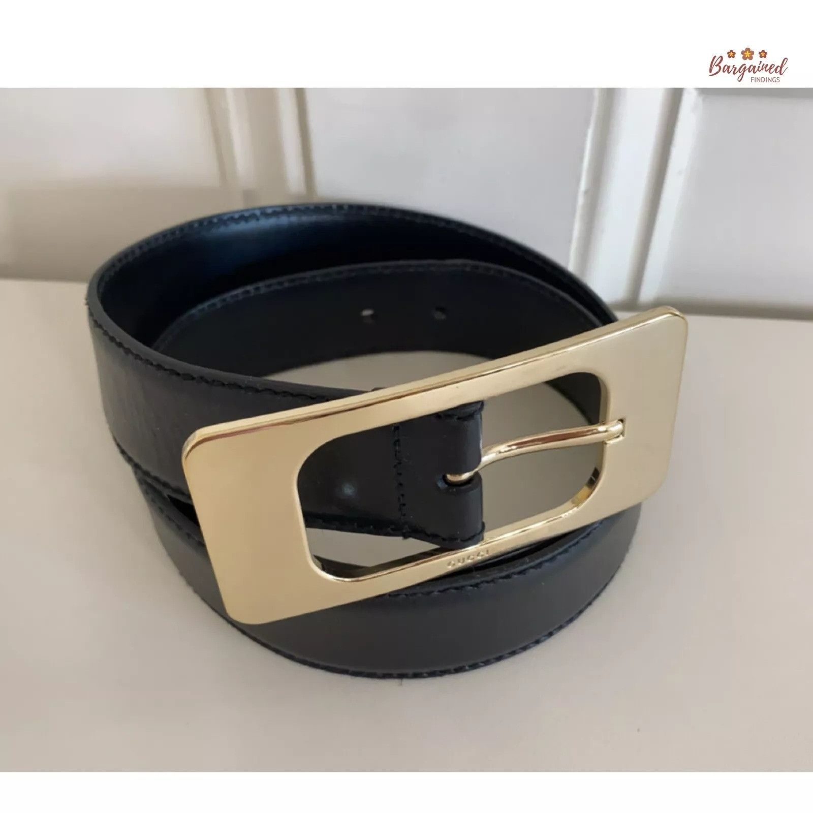 Gucci Gucci Black Calfskin Leather Gold Large Square Buckle Belt Size 30 - 1 Thumbnail