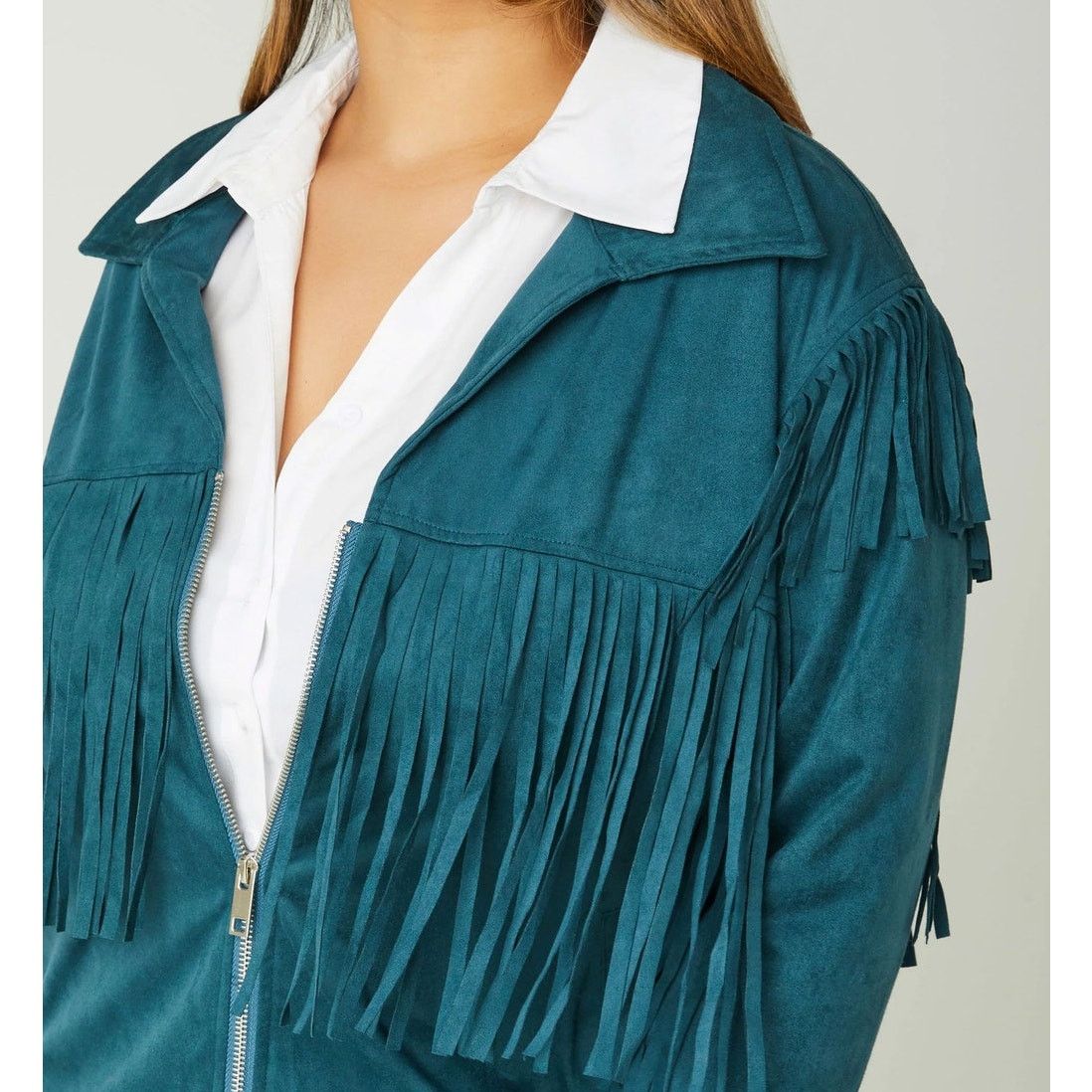 Other NEW | Fringed Teal Vegan Suede Zip Front Jacket | Size 10 Size L / US 10 / IT 46 - 3 Thumbnail