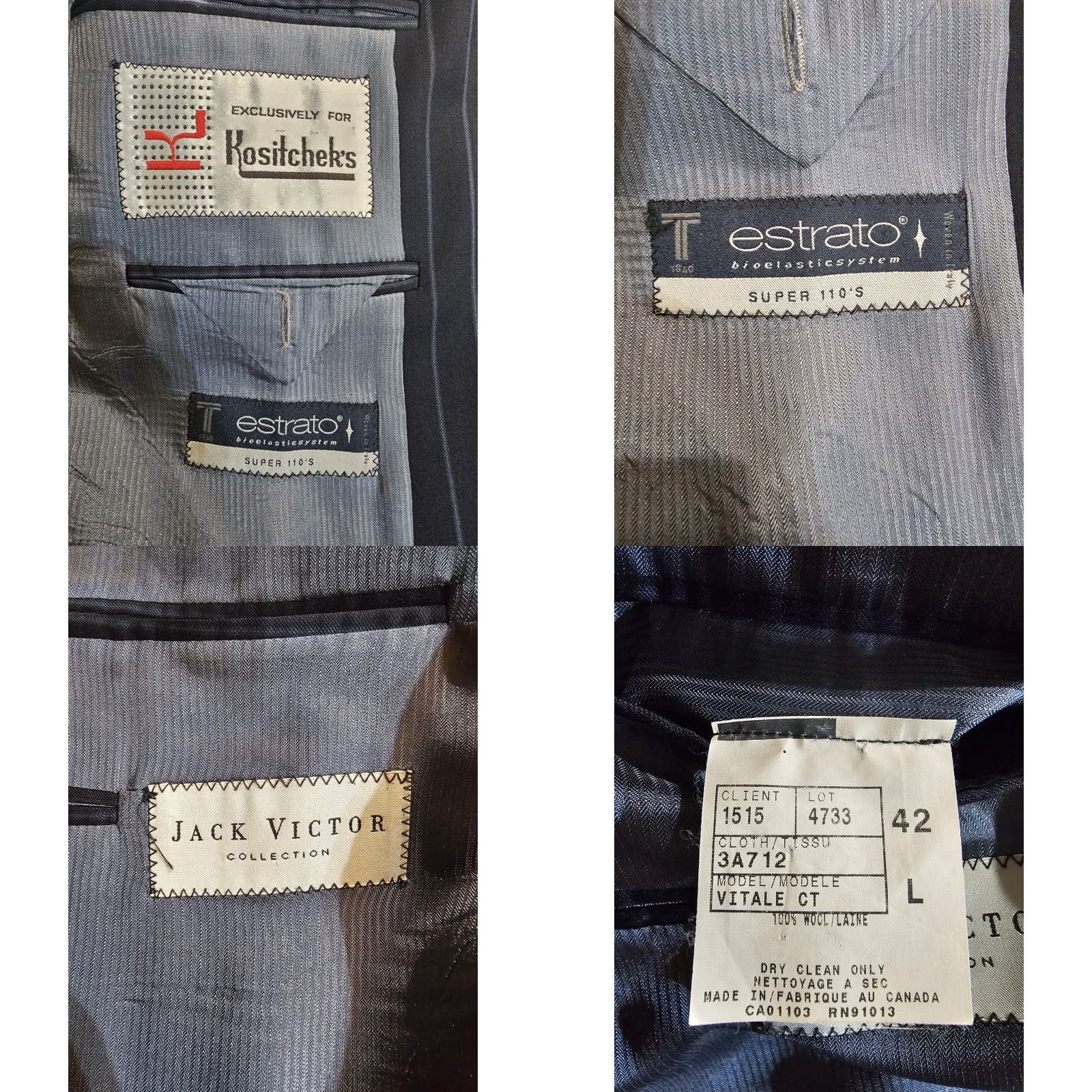 Jack Victor VINTAGE Jack Victor Classic Estrato Super 110's 2pc Suit Navy Pin Striped Wool 42L 34x30 Mens Size 44R - 10 Thumbnail