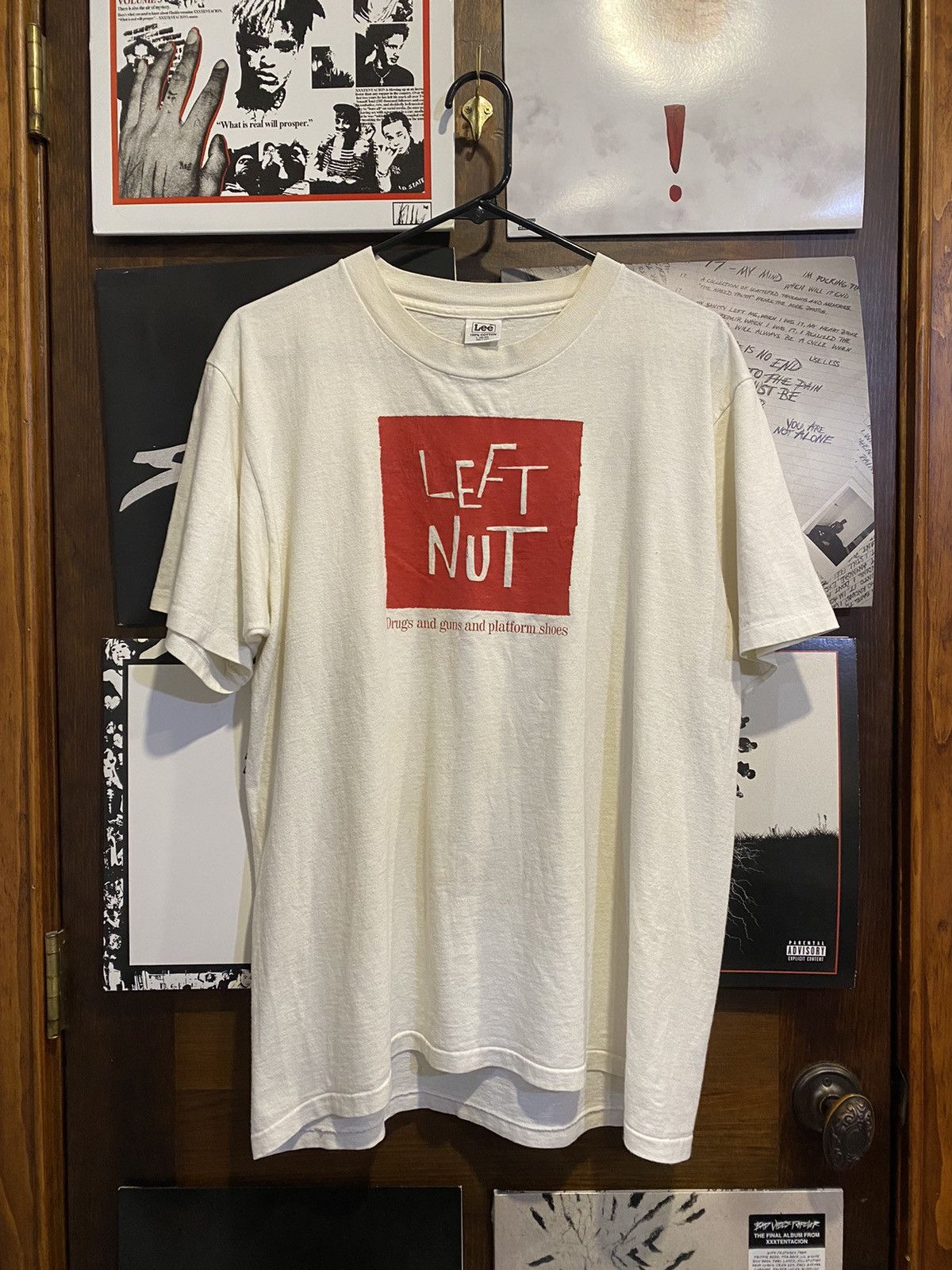 image of Vintage 90's Left Nut Band Tee Drugs Guns Platform Shoes in White, Men's (Size Large)