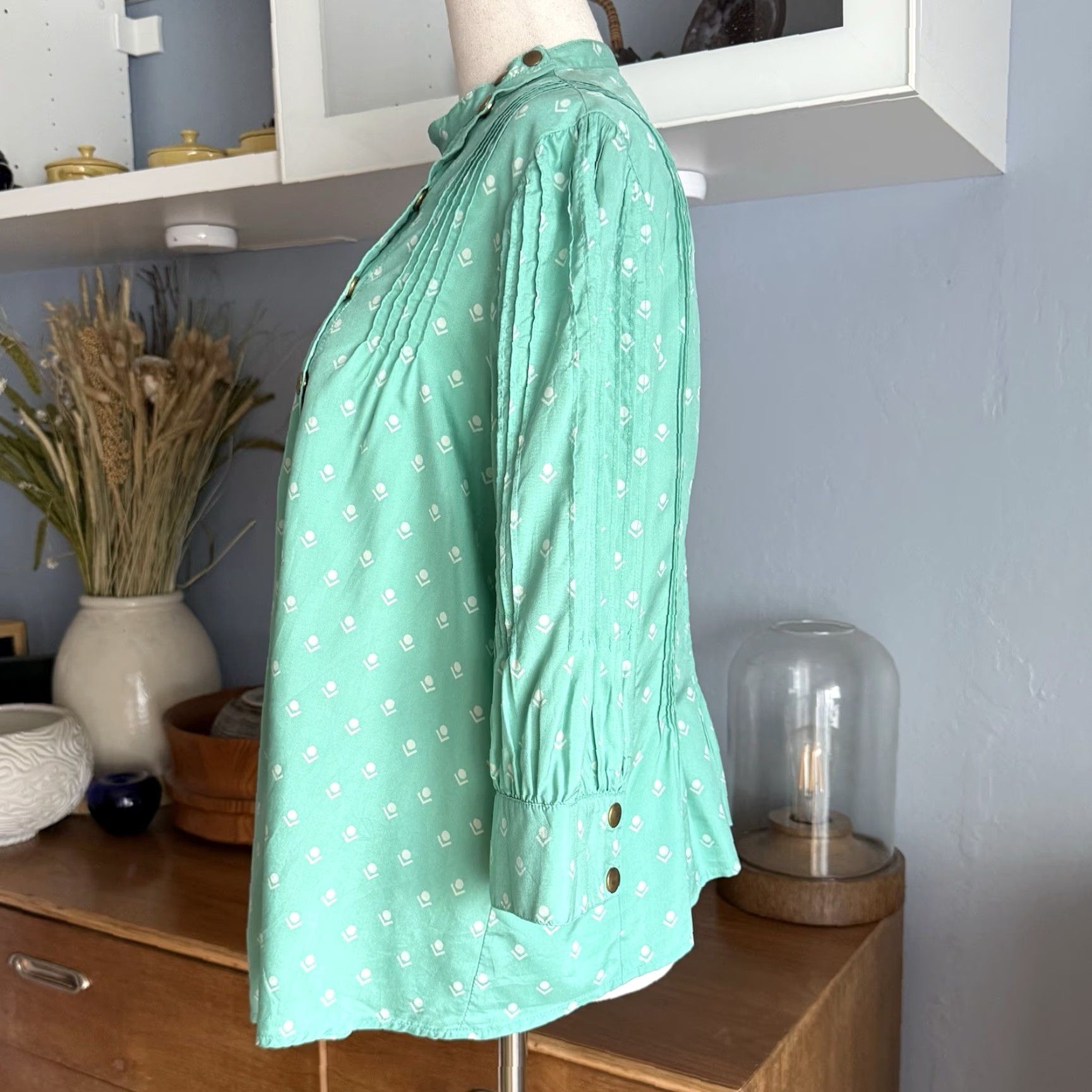 Vintage Lauren Moffett Pintuck Silk Geo Tulip Printed Blouse Teal Size M Size M / US 6-8 / IT 42-44 - 3 Thumbnail