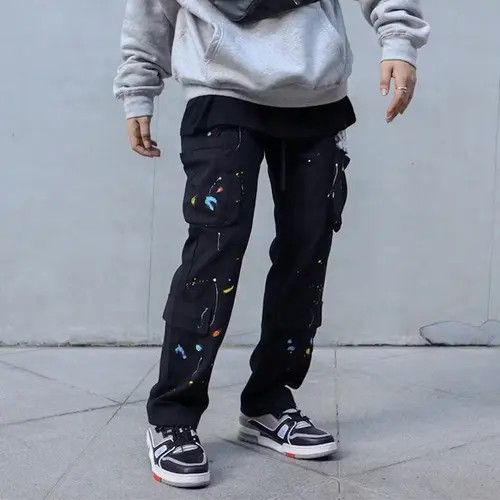 image of Paint Splatter Detail Cargo Pocket Draw String Pants in Black, Men's (Size 30)