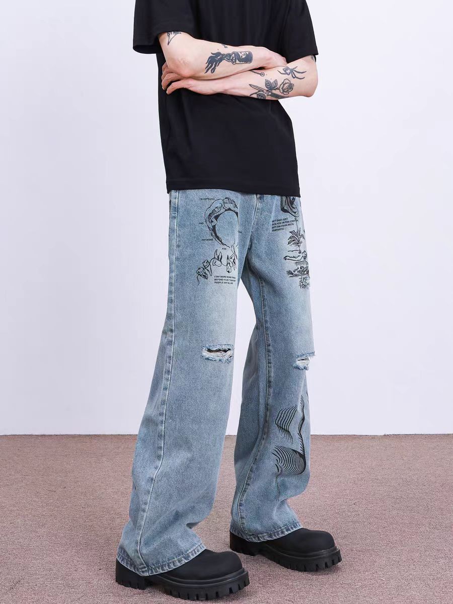 Japanese Brand × Jean Vintage graffiti-print ripped baggy jeans Size US 34 / EU 50 - 2 Thumbnail