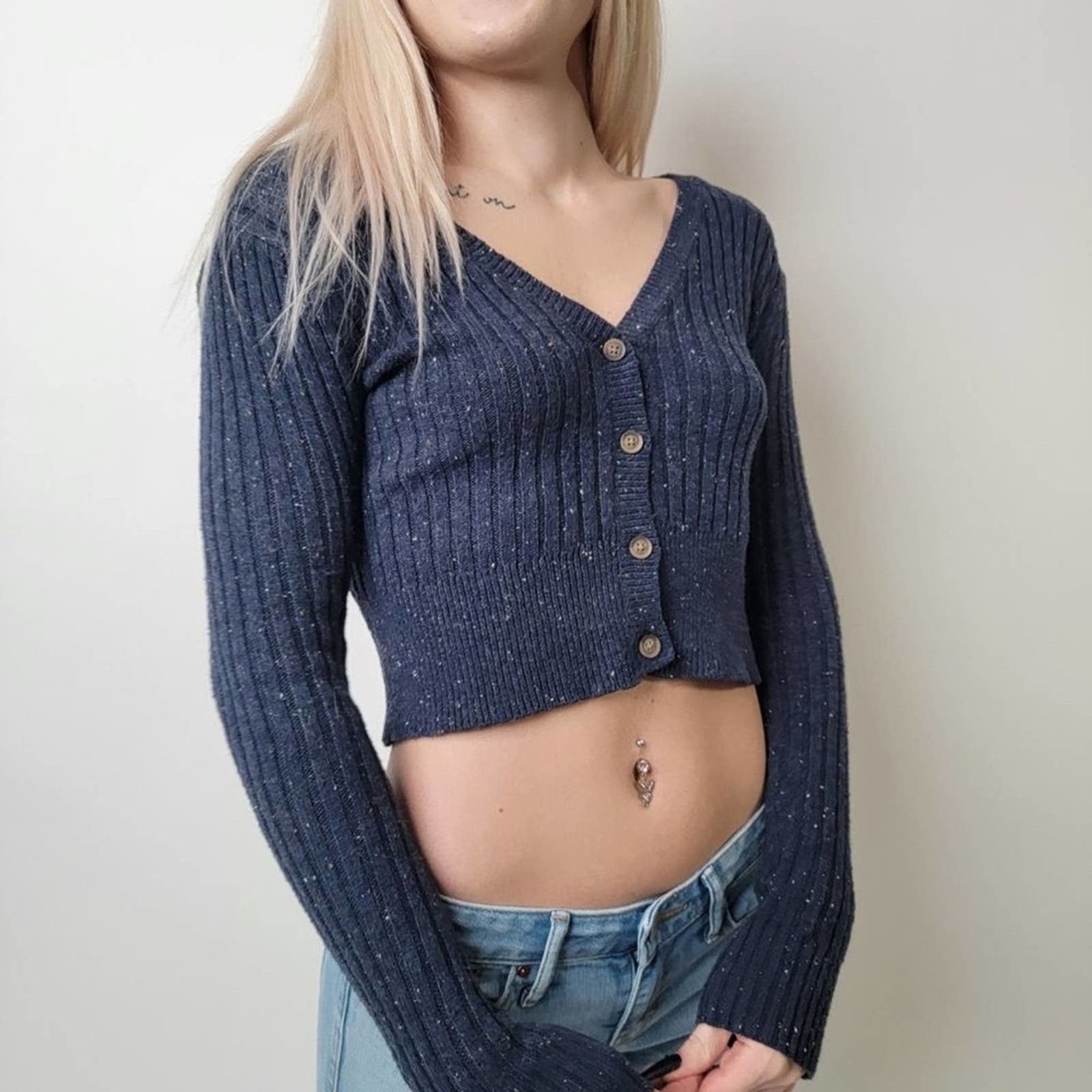 Aeropostale Prince & Fox Navy Cropped Ribbed Knit Cardigan - XS Size XS / US 0-2 / IT 36-38 - 5 Thumbnail