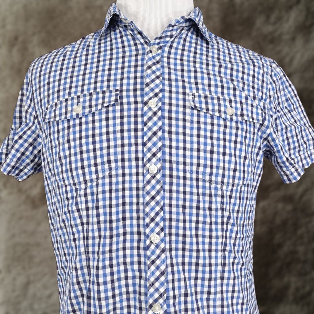 H&M H&M Shirt Mens Medium Blue White Gingham Check Short Sleeve Button Front Cotton Shirt - Mens Size US M / EU 48-50 / 2 - 1 Thumbnail