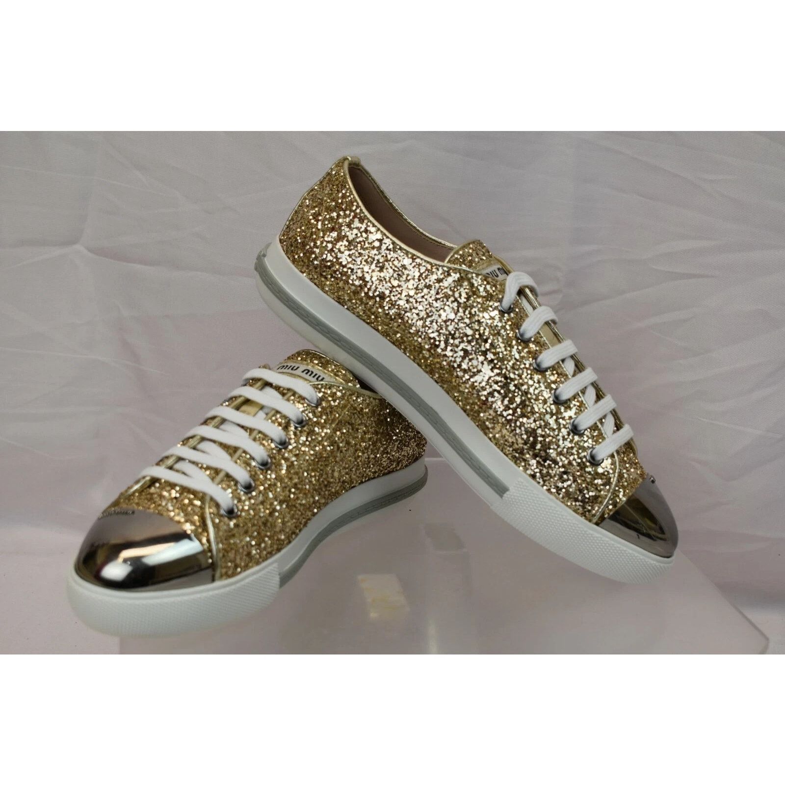 Miu Miu MIU MIU PRADA 5E8998 GOLD GLITTER METAL LOGO SNEAKERS 40.5 Size US 10.5 / IT 40.5 - 8 Thumbnail