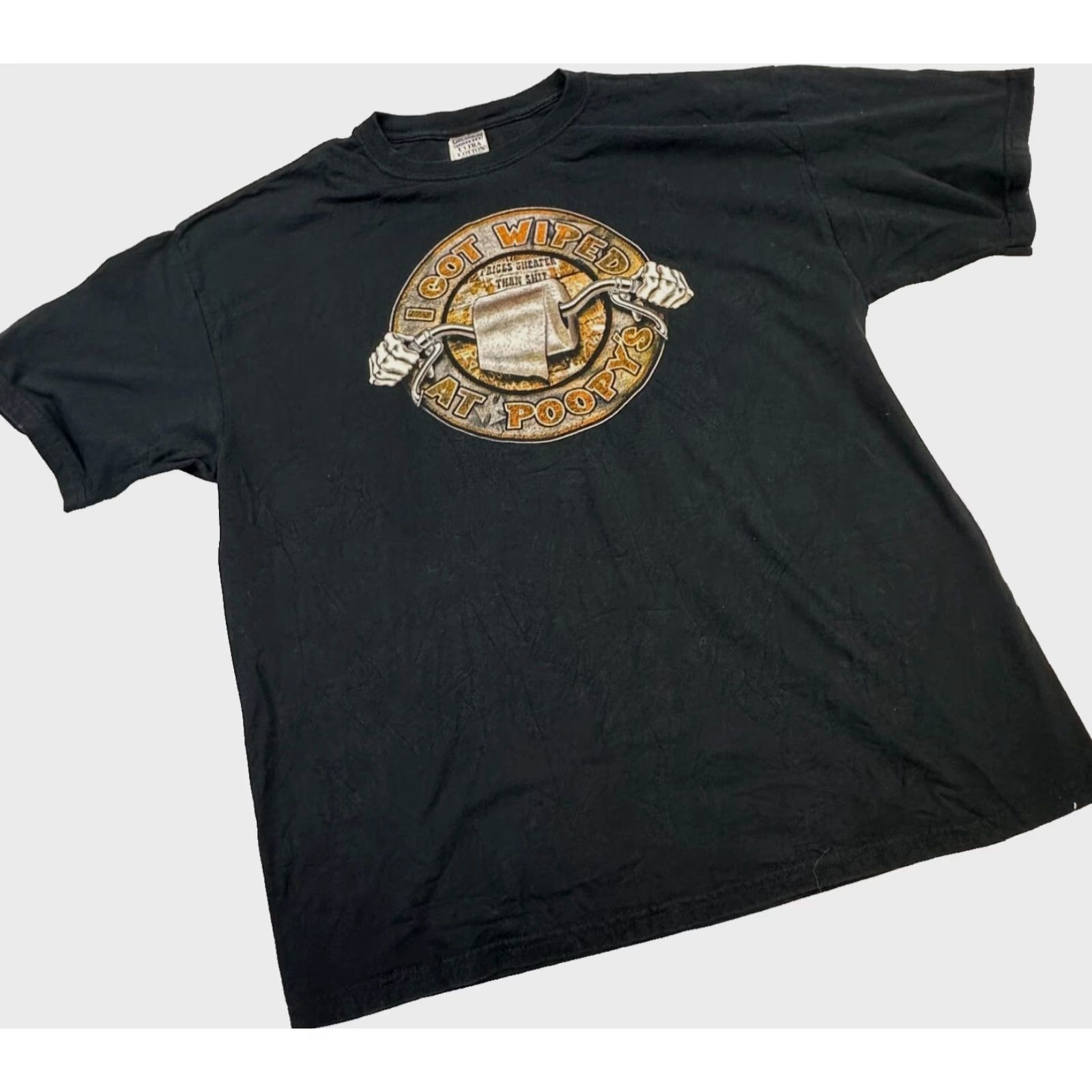 Gildan VINTAGE I Got Wiped At Poopy's Cycles Mens XL Prices Cheaper Than Sh*t Motorcycle Tee Size US XL / EU 56 / 4 - 2 Thumbnail
