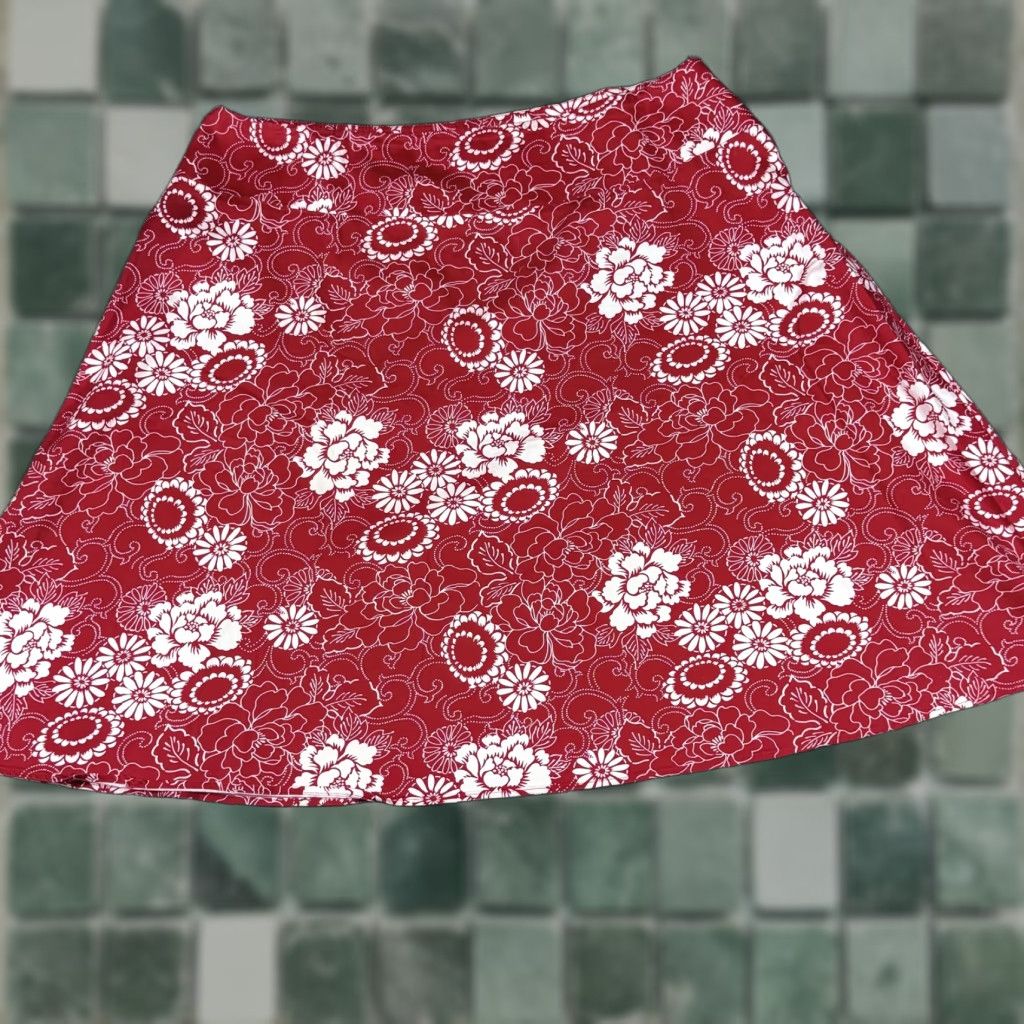 Vintage VINTAGE Notations Skirt Womens XL Red White Floral Print A-Line Stretch Cotton Side Zip Size 40" / US 18 - 1 Thumbnail