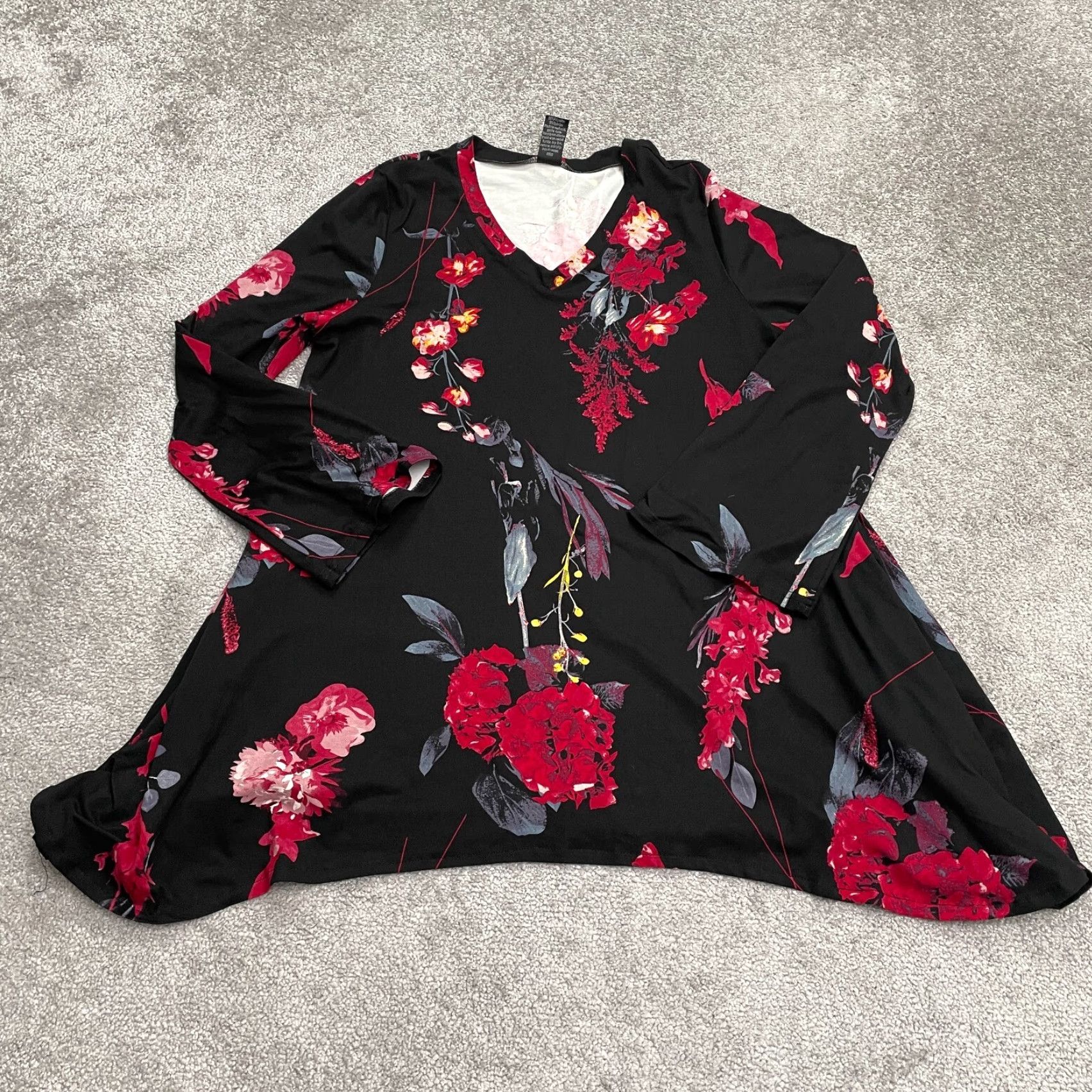 Vintage Lildy Floral Tunic Womens S-M Black Red V-Neck Long Sleeve Relaxed Pocket Casual Shirts Size S / US 4 / IT 40 - 2 Thumbnail