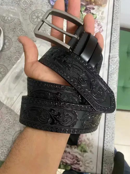 image of Leather Laser Engraving Luxury Strap Belt in Black, Men's