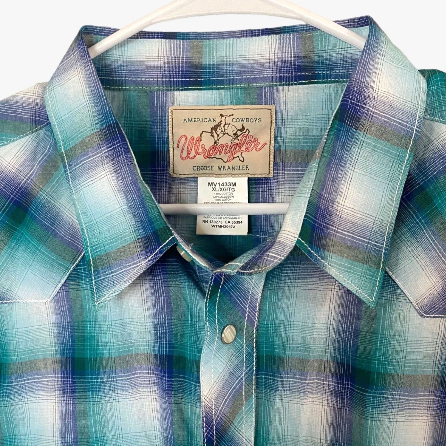 Wrangler VINTAGE Wrangler Western Pearl Snap Shirt Long Sleeve Turquoise Blue Plaid Mens XL TieFit? Size US XL / EU 56 / 4 - 5 Thumbnail