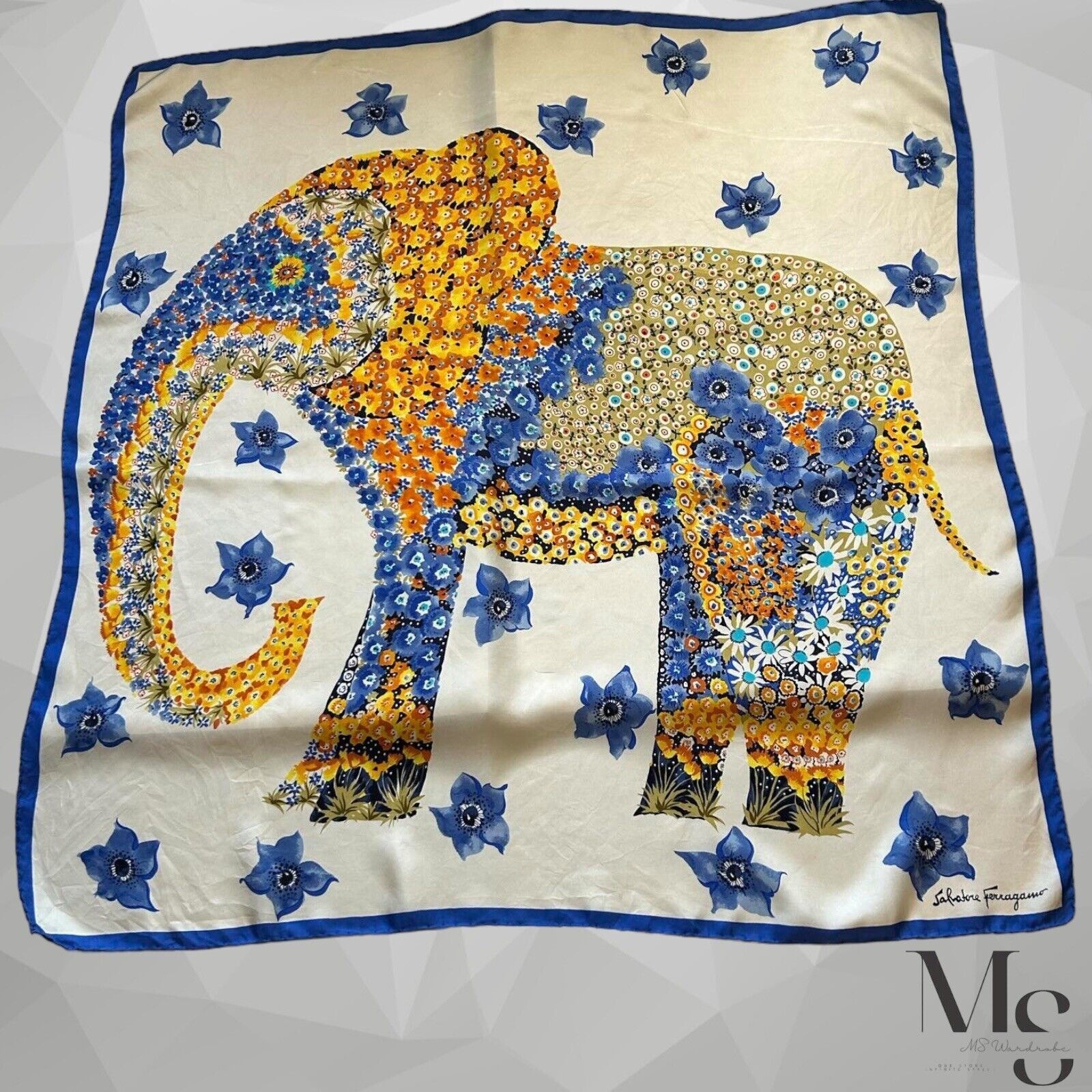 Salvatore Ferragamo SALVATORE FERRAGAMO Ivory Blue Floral Elephant Print Scarf S Size ONE SIZE - 1 Thumbnail