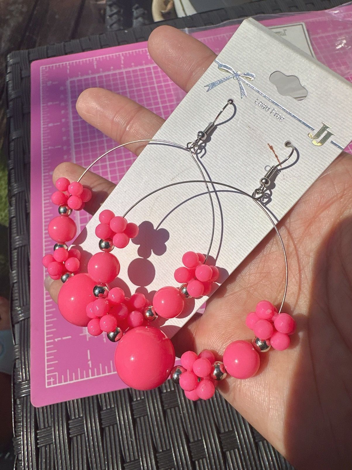 Designer JJ lead free hook earrings hot pink beads big loops silver Size ONE SIZE - 2 Thumbnail
