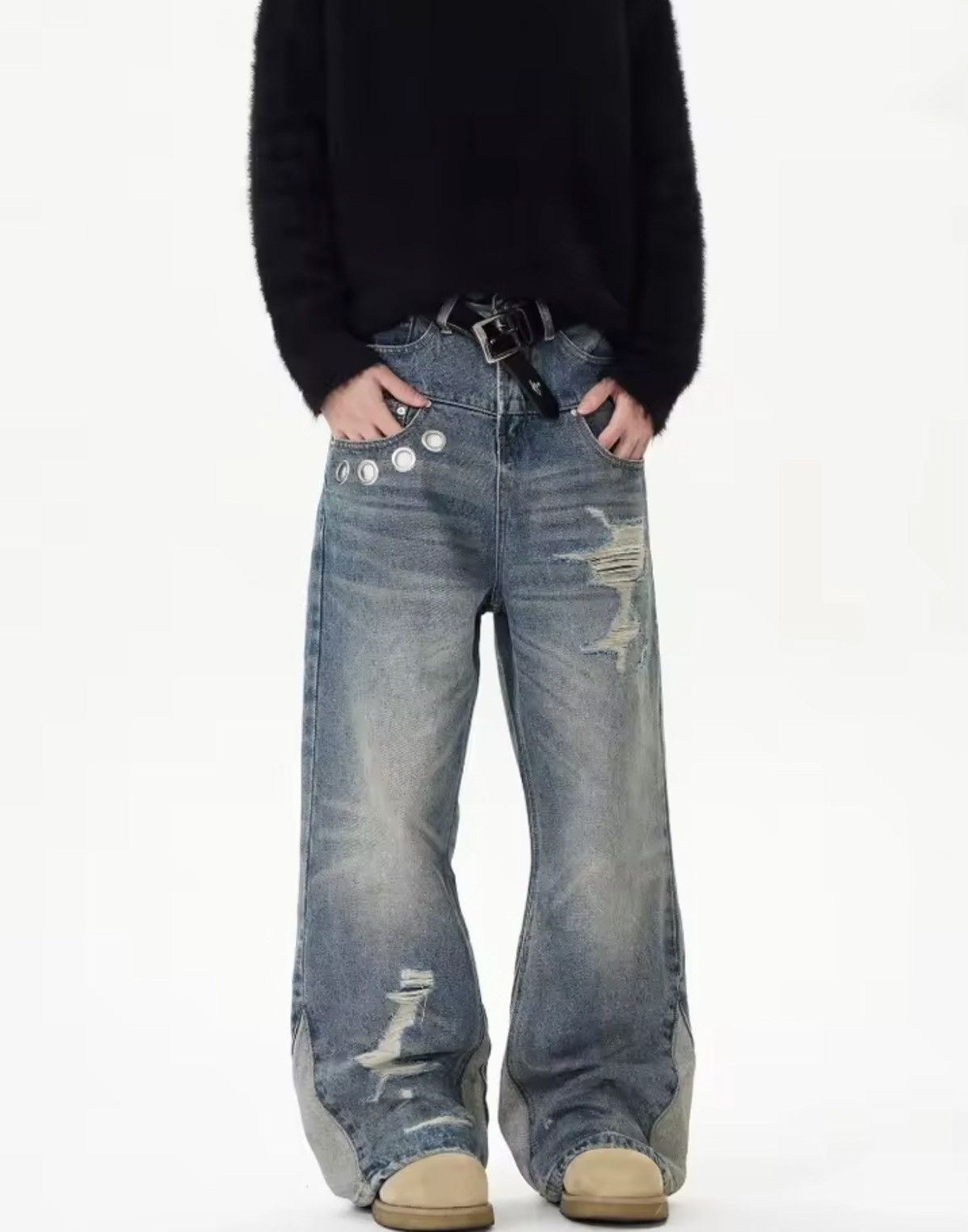 Jean Button Accent Distressed Splicing Flared Jeans Size US 33 - 5 Thumbnail
