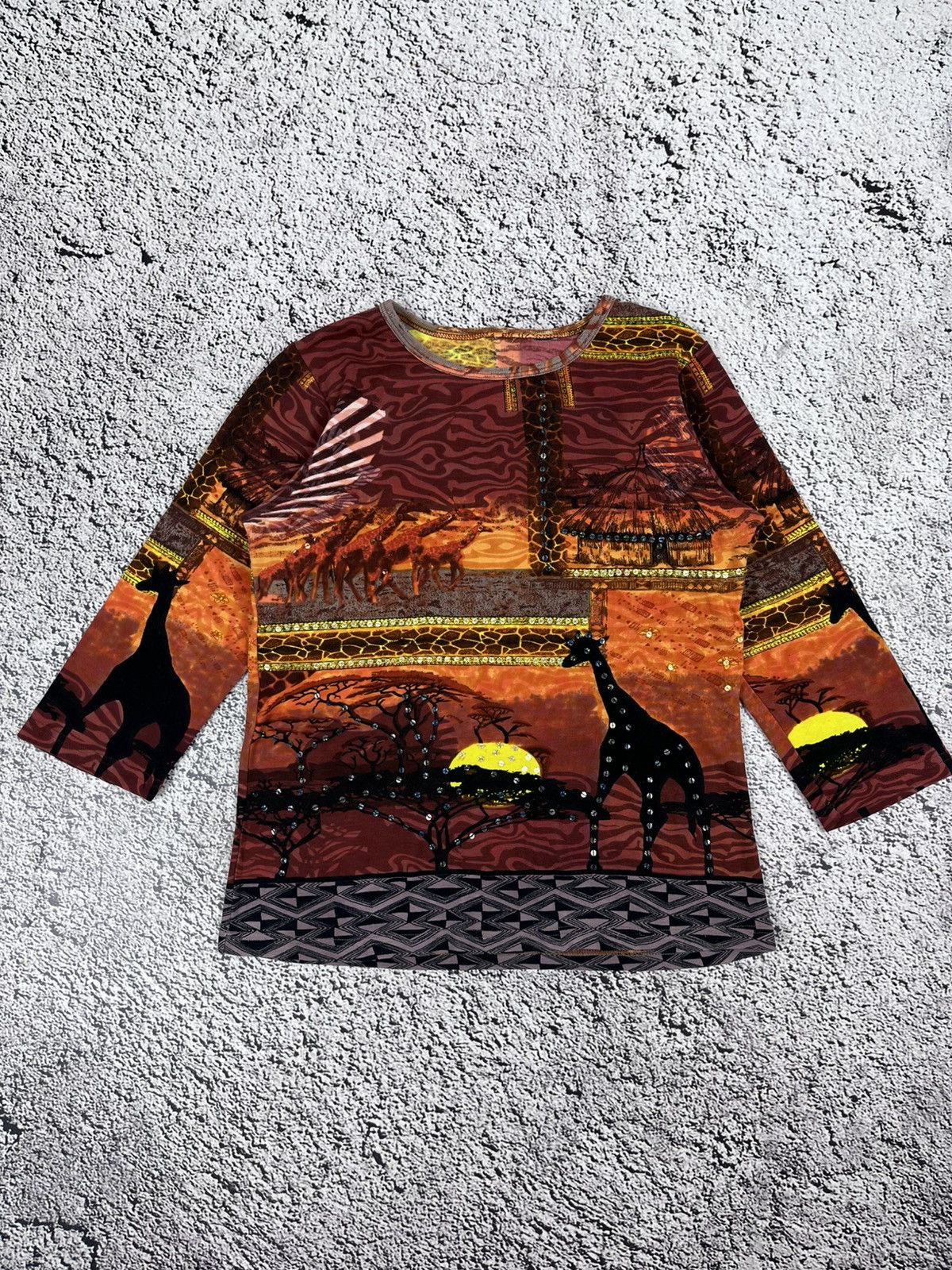 Japanese Brand Vintage 90s African Safari Giraffe Sunset Beaded Top Size M / US 6-8 / IT 42-44 - 1 Thumbnail