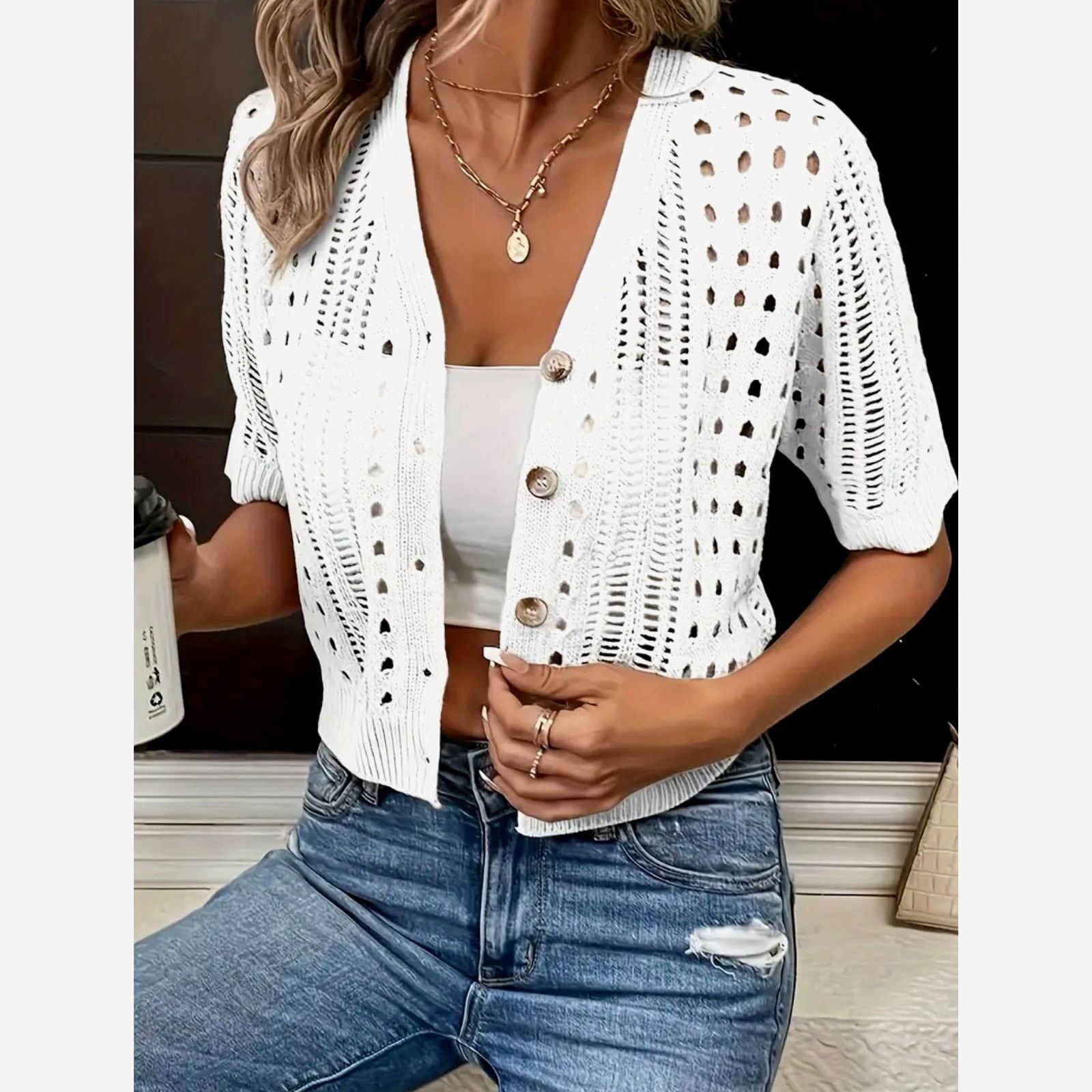 Other Versatile Elegant V-Neck Knitted Cardigan White 8/10 (L) Size L / US 10 / IT 46 - 3 Thumbnail