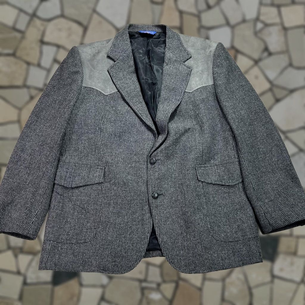 Pendleton Pendleton Mens 46L Gray Wool Tweed Western Sport Coat Jacket Suede Yoke Two-Button Notch Lapel Blazer Size 46R - 1 Thumbnail
