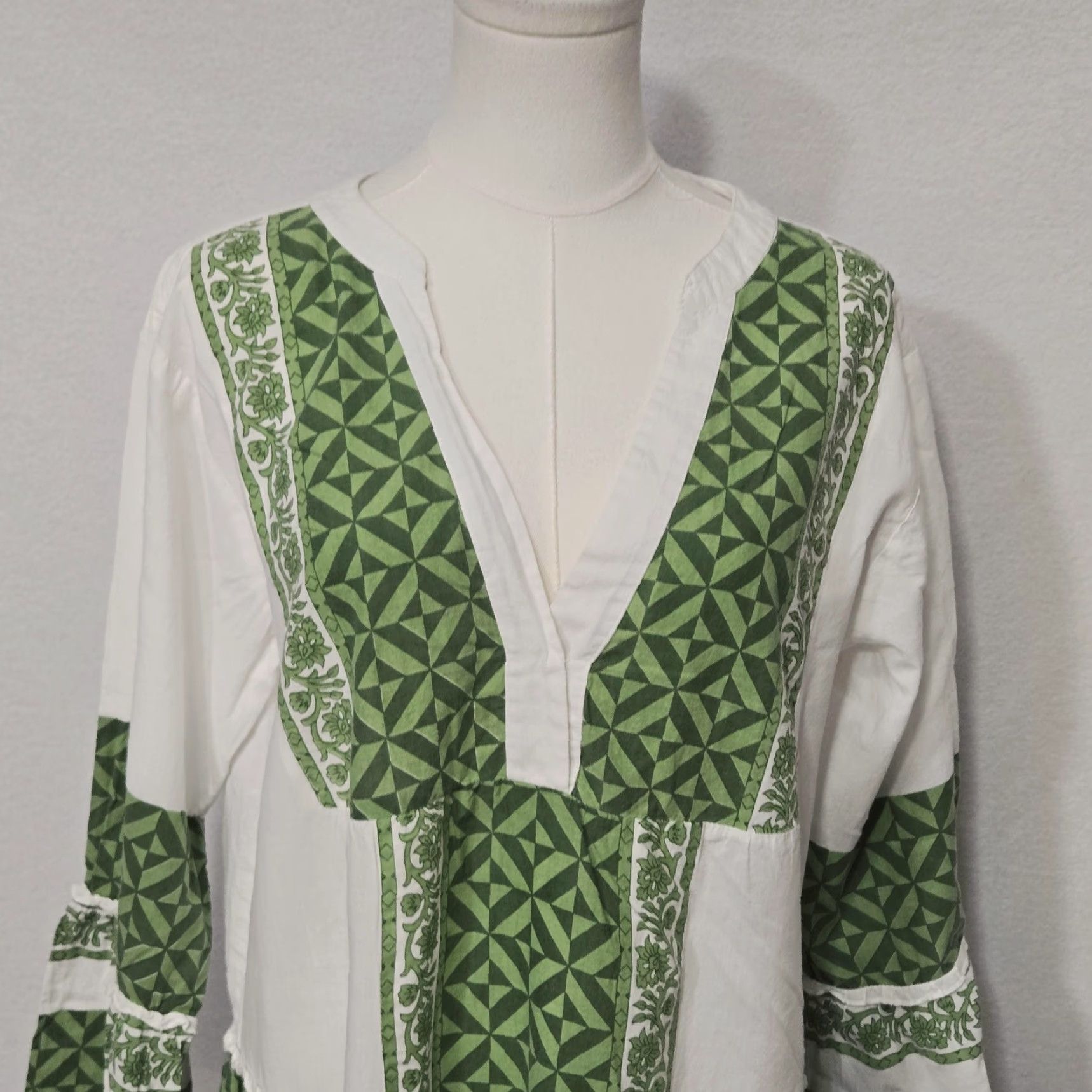 Bell Bindu Dress Womens M Short Green White Geometric Boho Bell Sleeve Swing Size M / US 6-8 / IT 42-44 - 3 Thumbnail
