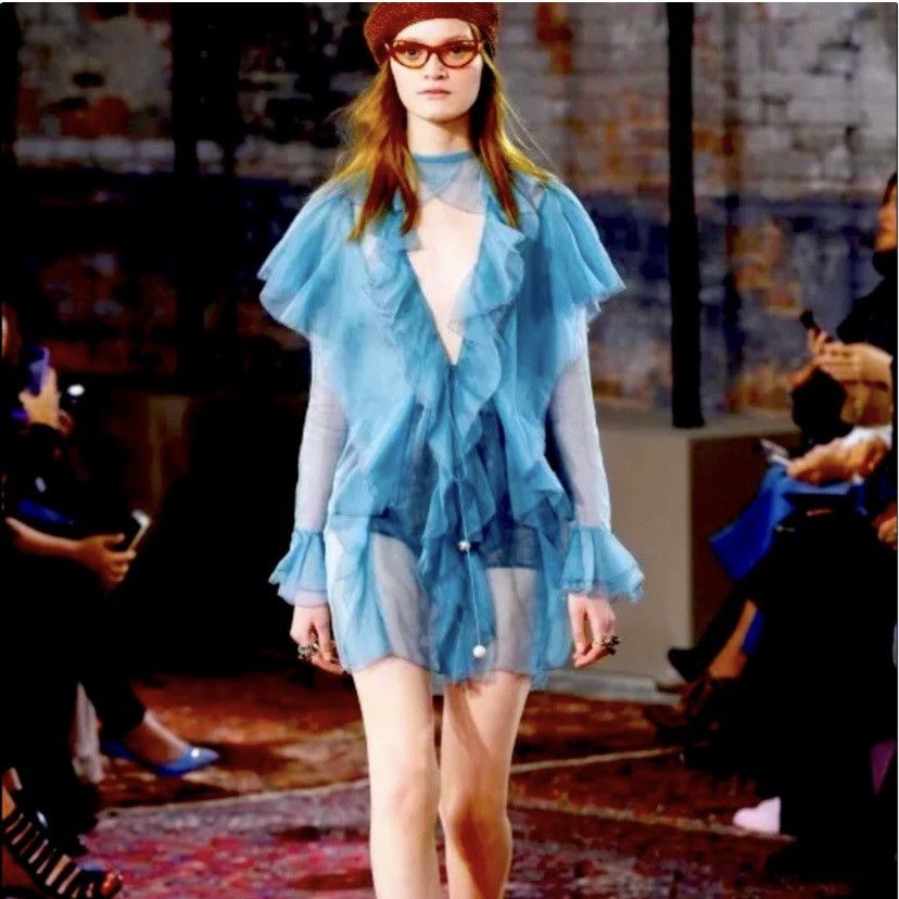 image of Gucci Silk Organza Flounce Pearl Detail Dress Msrp $5035 in Blue, Women's (Size Small)