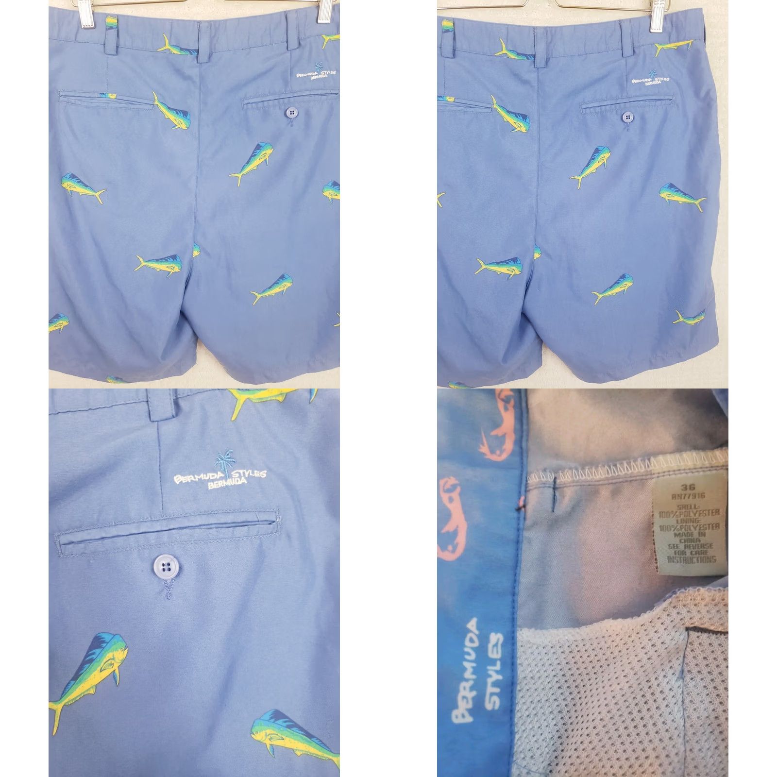 Vintage Bermuda Styles Men’s Blue Chino Shorts Sz 36x8 With Mahi Fish Pattern All Over Size US 36 / EU 52 - 8 Thumbnail