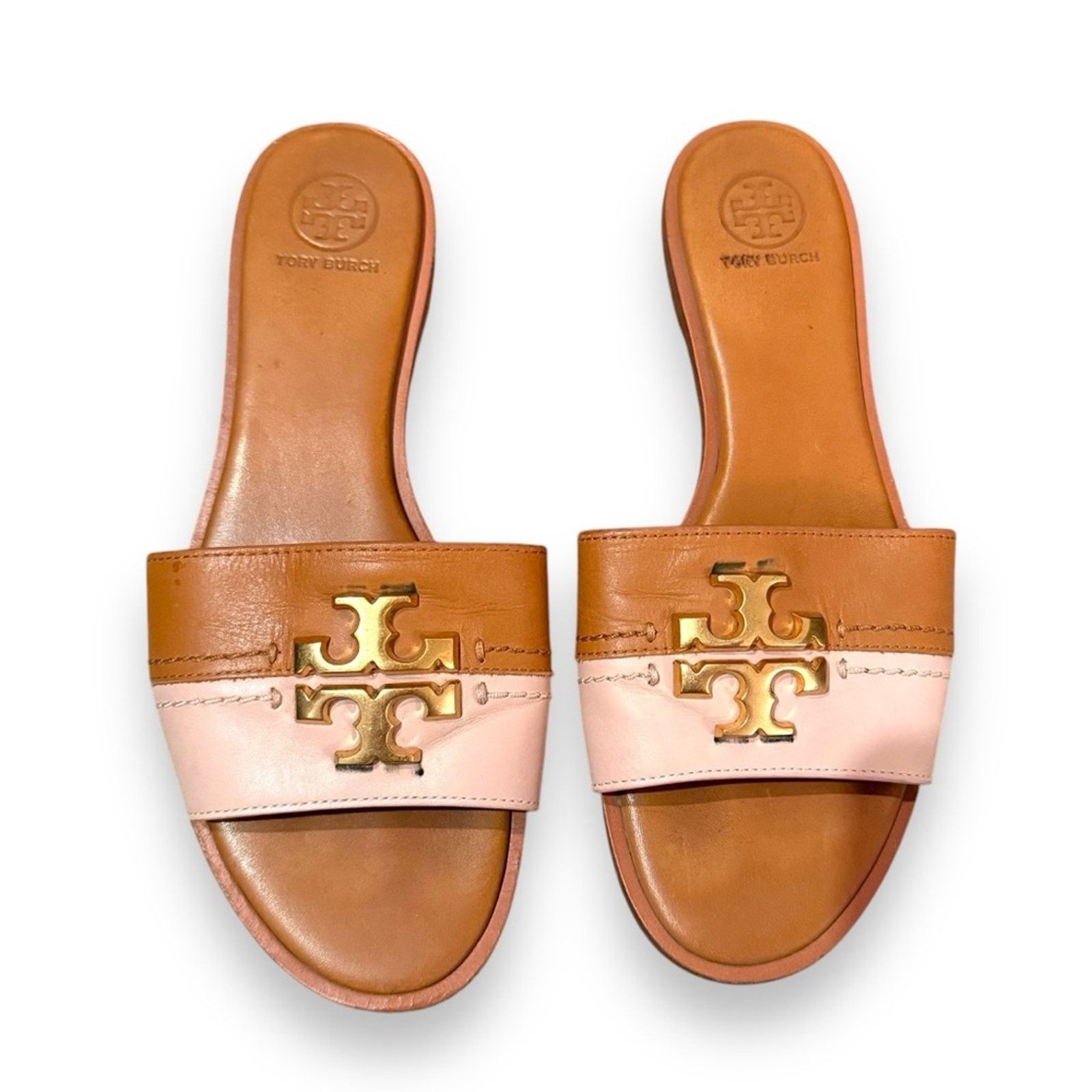 Tory Burch Tory Burch Everly Two Tone Tan & Cream Pink Leather Sandals Size US 7.5 / IT 37.5 - 1 Thumbnail